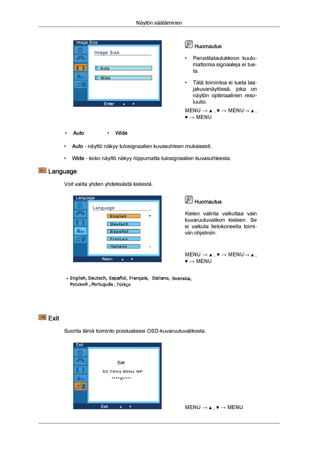 Samsung LS19LFYGF/EN, LS19LFYGFR/EN manual Language, Exit, Auto Wide 