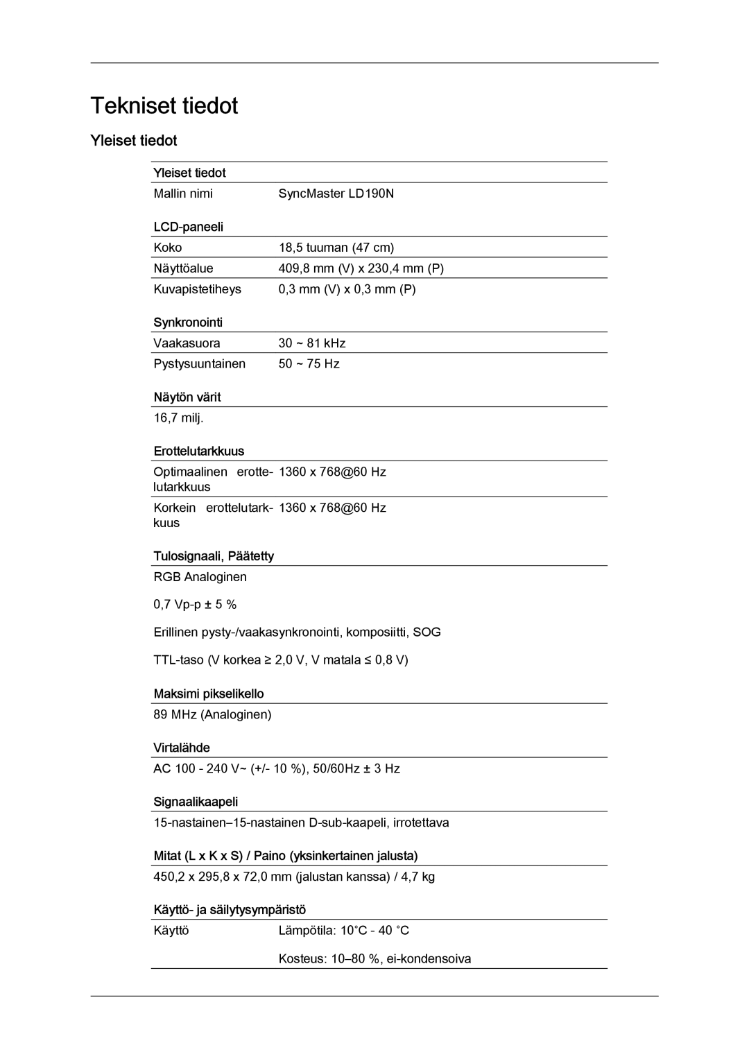 Samsung LS19LFYGF/EN, LS19LFYGFR/EN manual Tekniset tiedot, Yleiset tiedot 