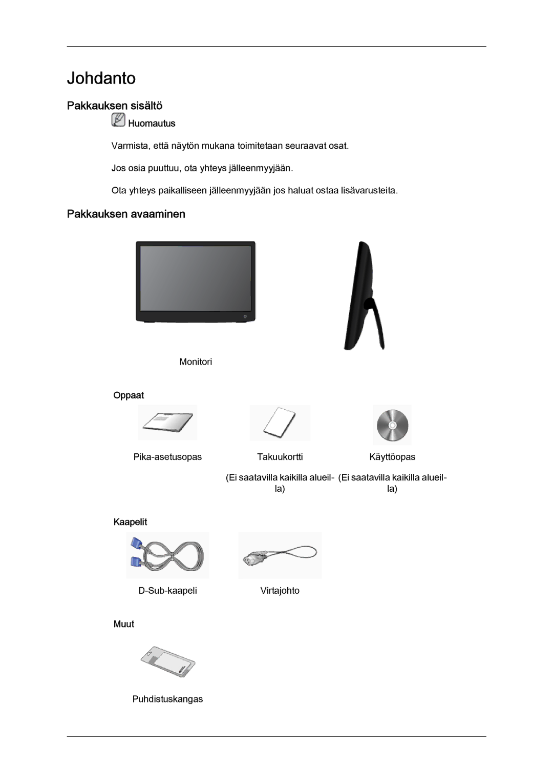 Samsung LS19LFYGF/EN, LS19LFYGFR/EN manual Johdanto, Pakkauksen sisältö, Pakkauksen avaaminen 