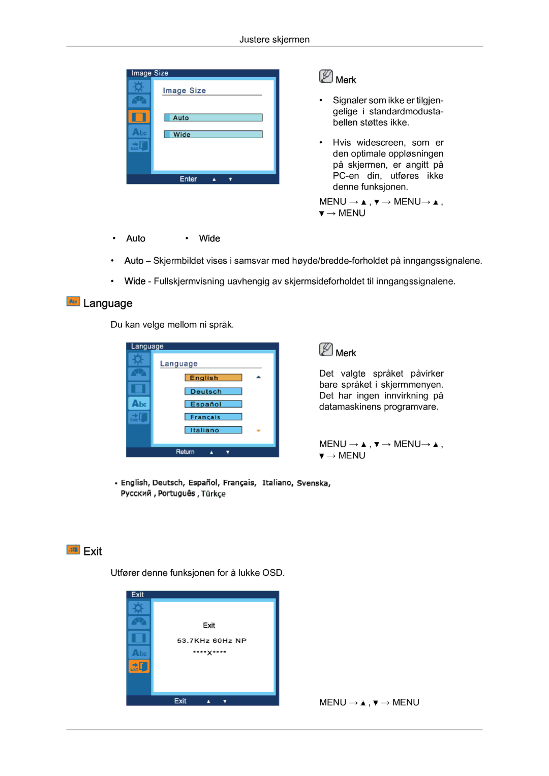 Samsung LS19LFYGF/EN, LS19LFYGFR/EN manual Language, Exit, Auto Wide 