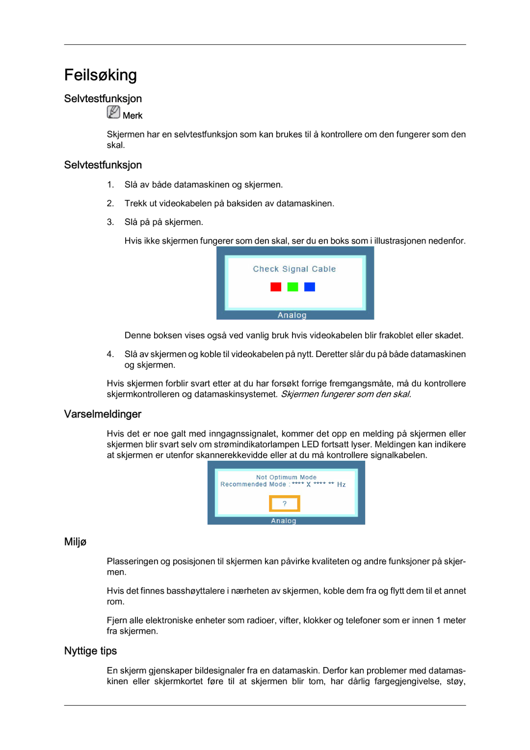 Samsung LS19LFYGFR/EN, LS19LFYGF/EN manual Feilsøking, Selvtestfunksjon, Varselmeldinger, Miljø, Nyttige tips 