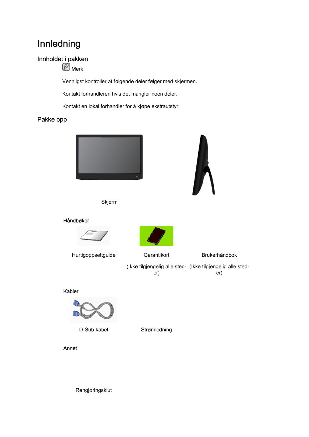 Samsung LS19LFYGF/EN, LS19LFYGFR/EN manual Innledning, Innholdet i pakken, Pakke opp 