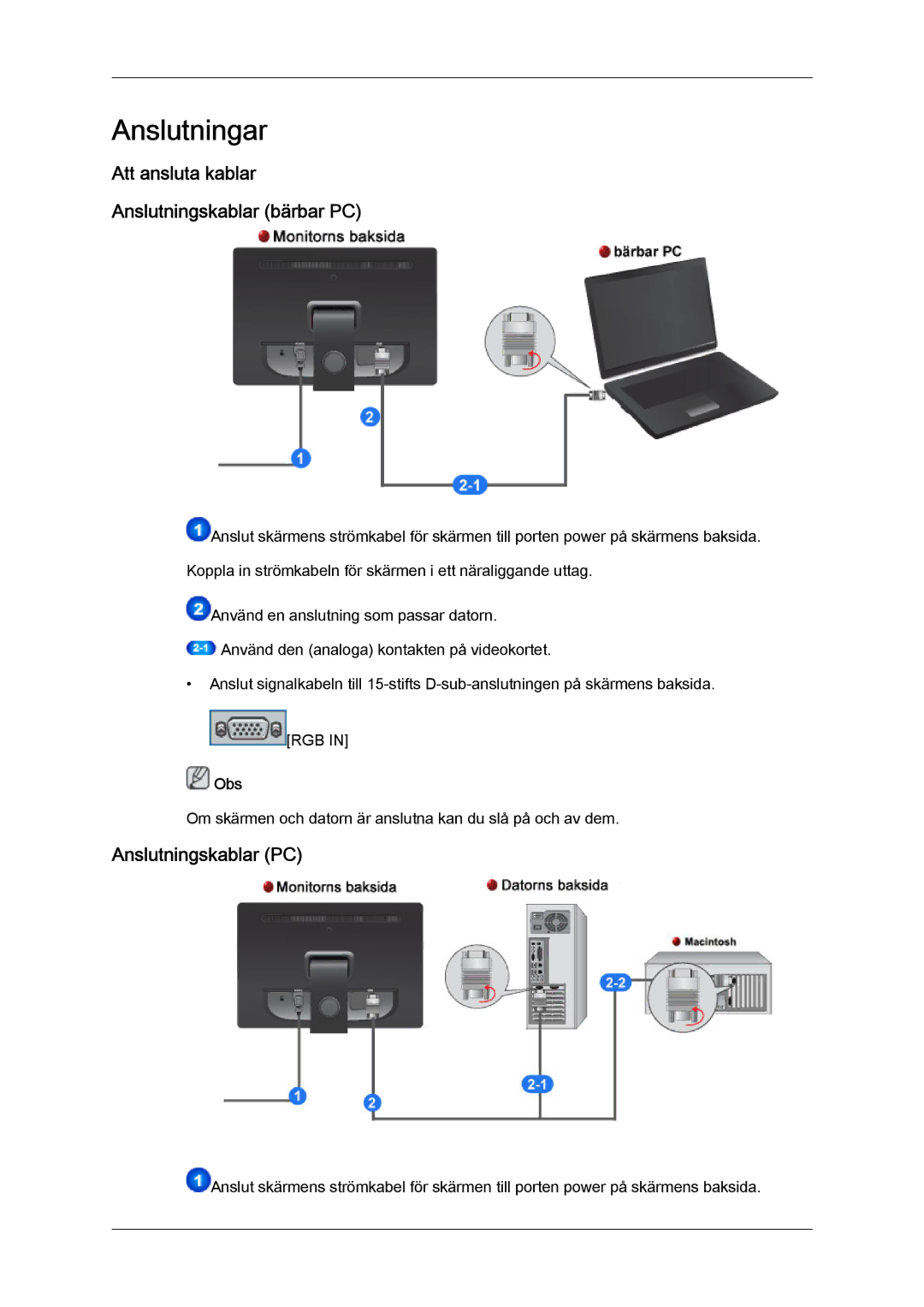 Samsung LS19LFYGF/EN, LS19LFYGFR/EN Anslutningar, Att ansluta kablar Anslutningskablar bärbar PC, Anslutningskablar PC 