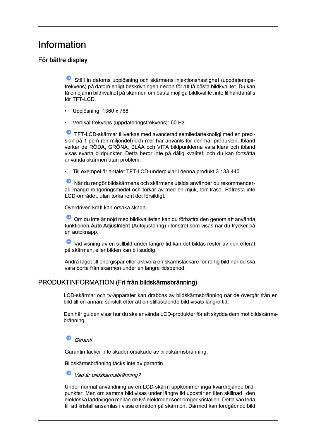 Samsung LS19LFYGFR/EN, LS19LFYGF/EN manual Information, För bättre display, Produktinformation Fri från bildskärmsbränning 