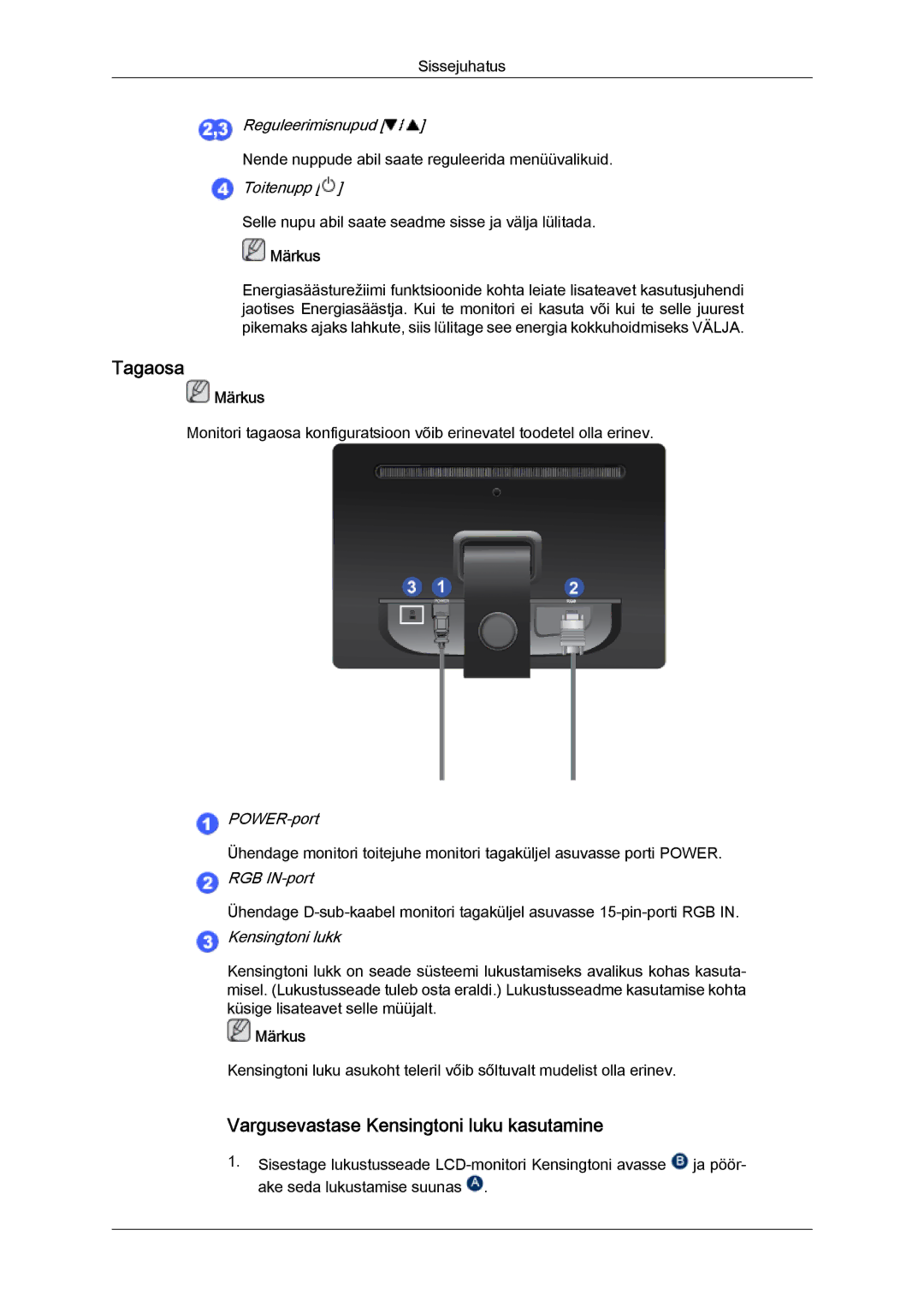 Samsung LS19LFYGF/EN, LS19LFYGFR/EN manual Tagaosa, Vargusevastase Kensingtoni luku kasutamine 