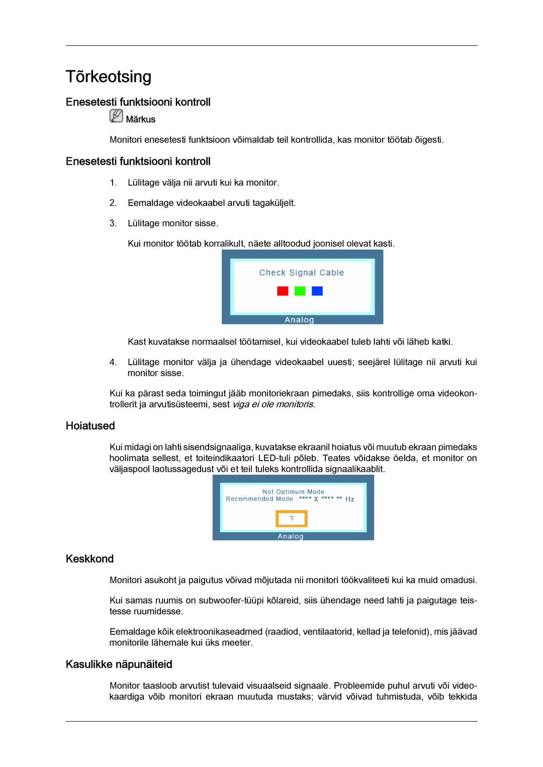 Samsung LS19LFYGFR/EN manual Tõrkeotsing, Enesetesti funktsiooni kontroll, Hoiatused, Keskkond, Kasulikke näpunäiteid 