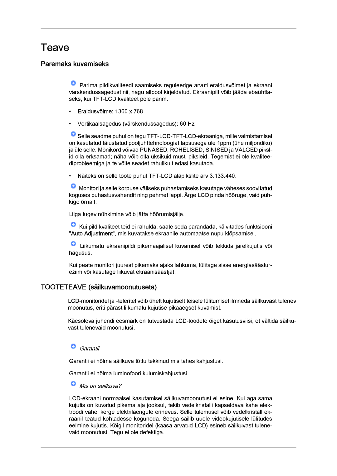 Samsung LS19LFYGFR/EN, LS19LFYGF/EN manual Teave, Paremaks kuvamiseks, Tooteteave säilkuvamoonutuseta 