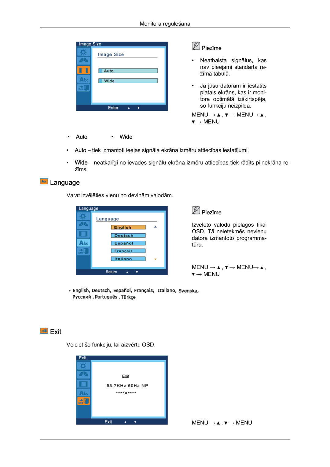 Samsung LS19LFYGF/EN, LS19LFYGFR/EN manual Language, Exit, Auto Wide 