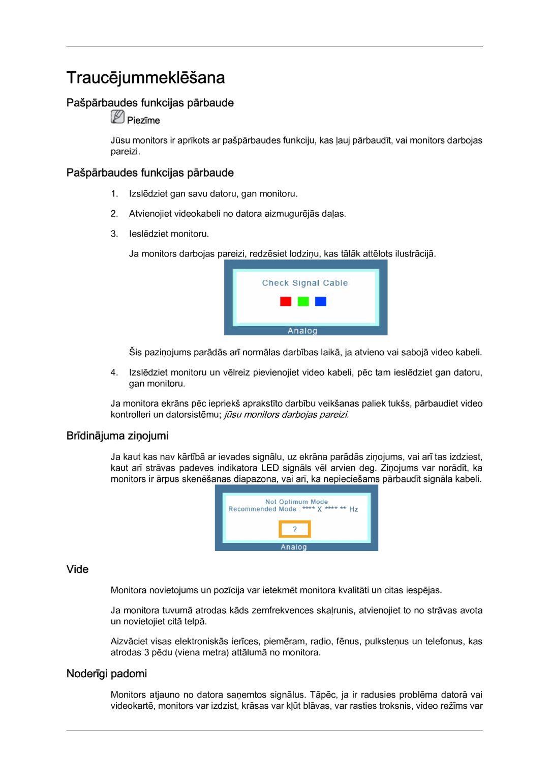 Samsung LS19LFYGFR/EN Traucējummeklēšana, Pašpārbaudes funkcijas pārbaude, Brīdinājuma ziņojumi, Vide, Noderīgi padomi 