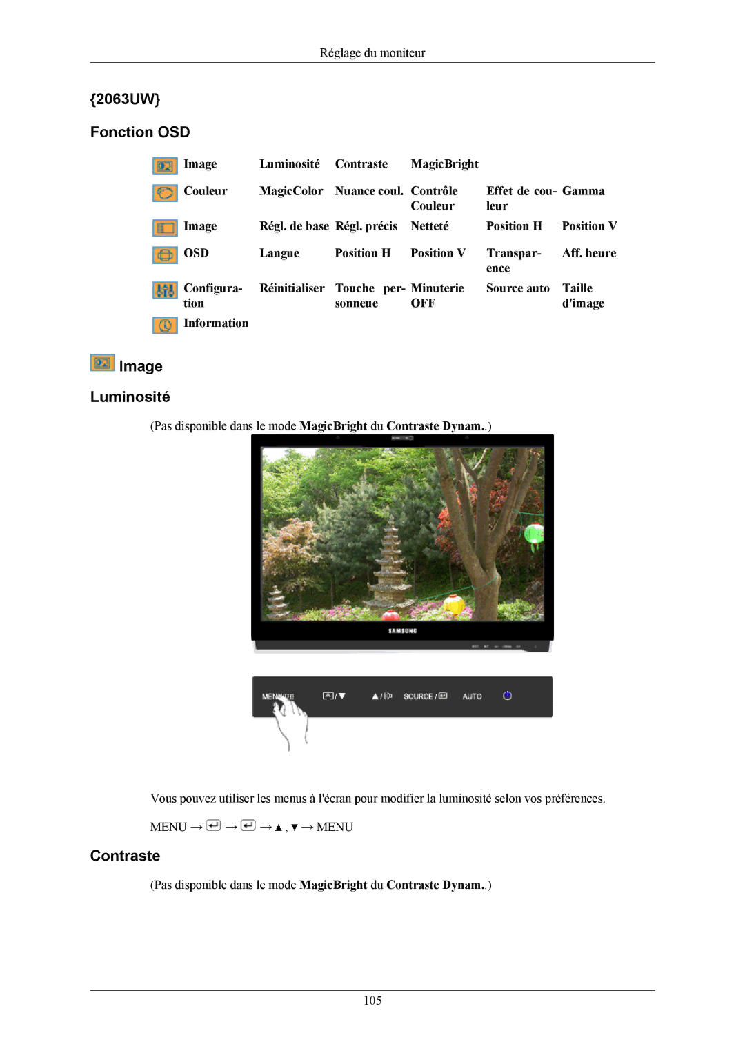 Samsung LS19LIUKFV/EN, LS20LIUJFV/EN manual 2063UW Fonction OSD, Image Luminosité 