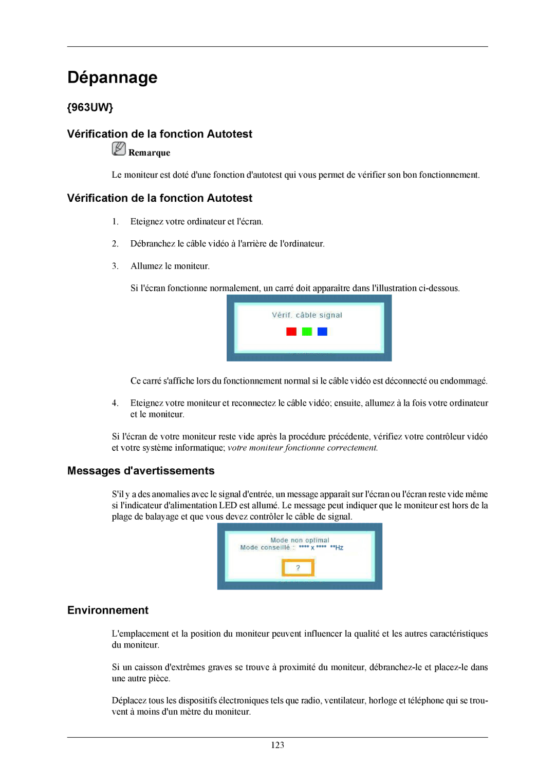 Samsung LS19LIUKFV/EN, LS20LIUJFV/EN 963UW Vérification de la fonction Autotest, Messages davertissements, Environnement 