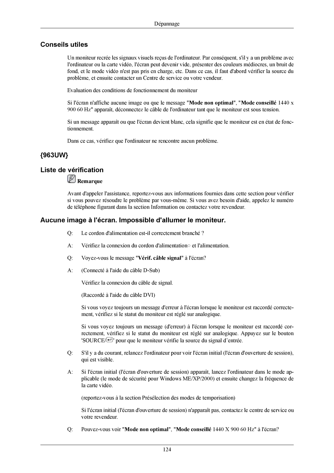 Samsung LS20LIUJFV/EN Conseils utiles, 963UW Liste de vérification, Aucune image à lécran. Impossible dallumer le moniteur 