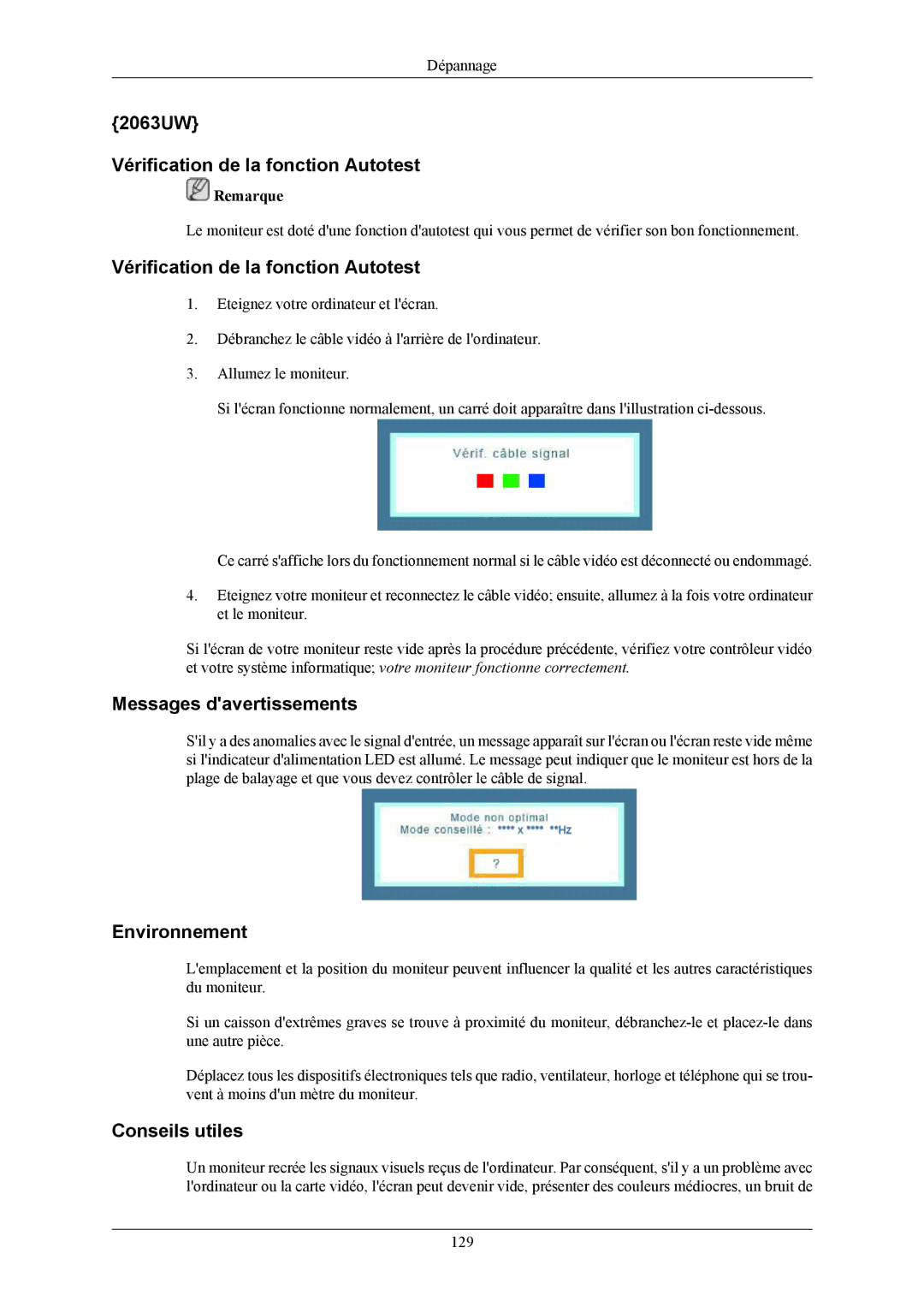 Samsung LS19LIUKFV/EN, LS20LIUJFV/EN manual 2063UW Vérification de la fonction Autotest 