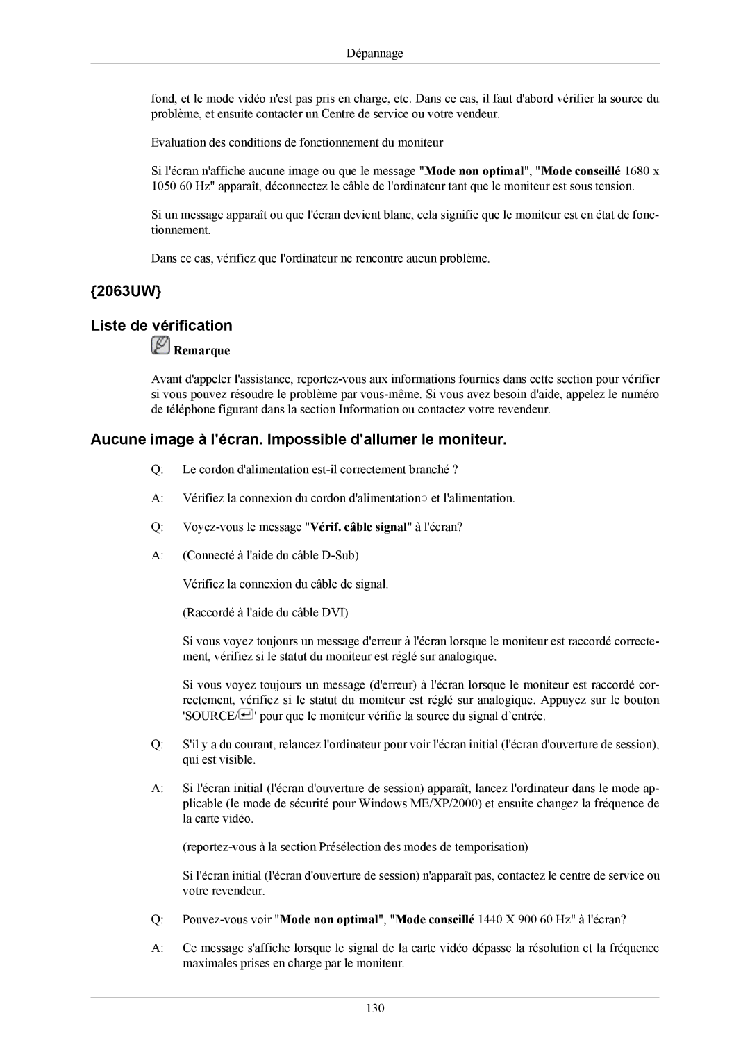 Samsung LS20LIUJFV/EN, LS19LIUKFV/EN 2063UW Liste de vérification, Aucune image à lécran. Impossible dallumer le moniteur 