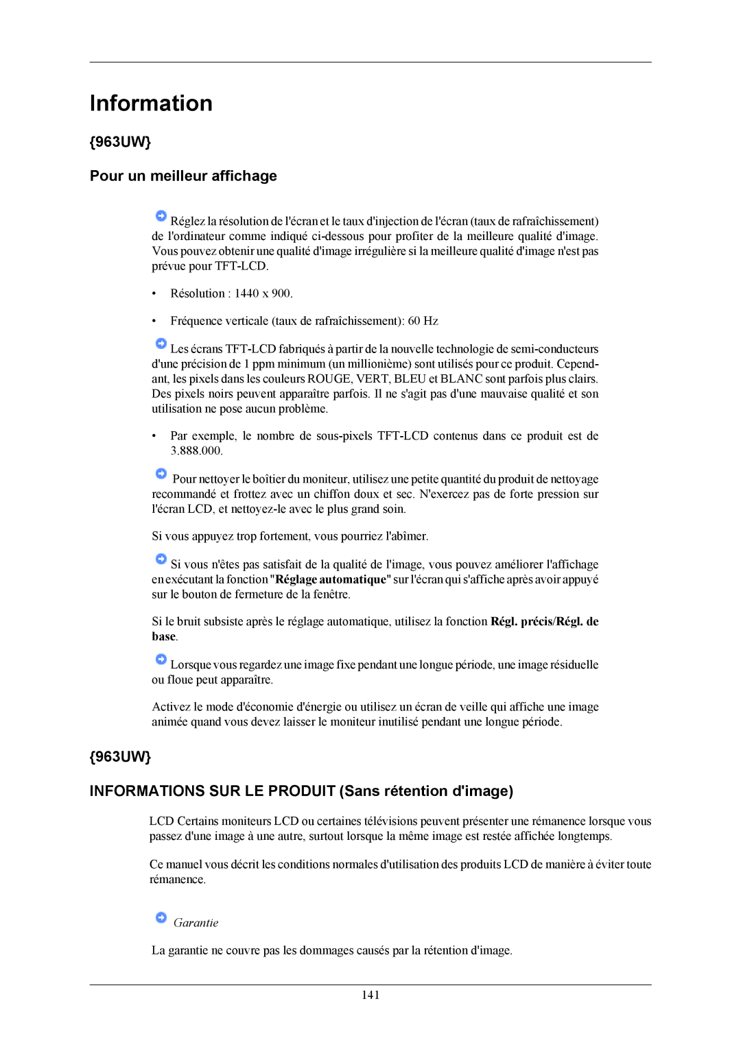 Samsung LS19LIUKFV/EN manual 963UW Pour un meilleur affichage, 963UW Informations SUR LE Produit Sans rétention dimage 