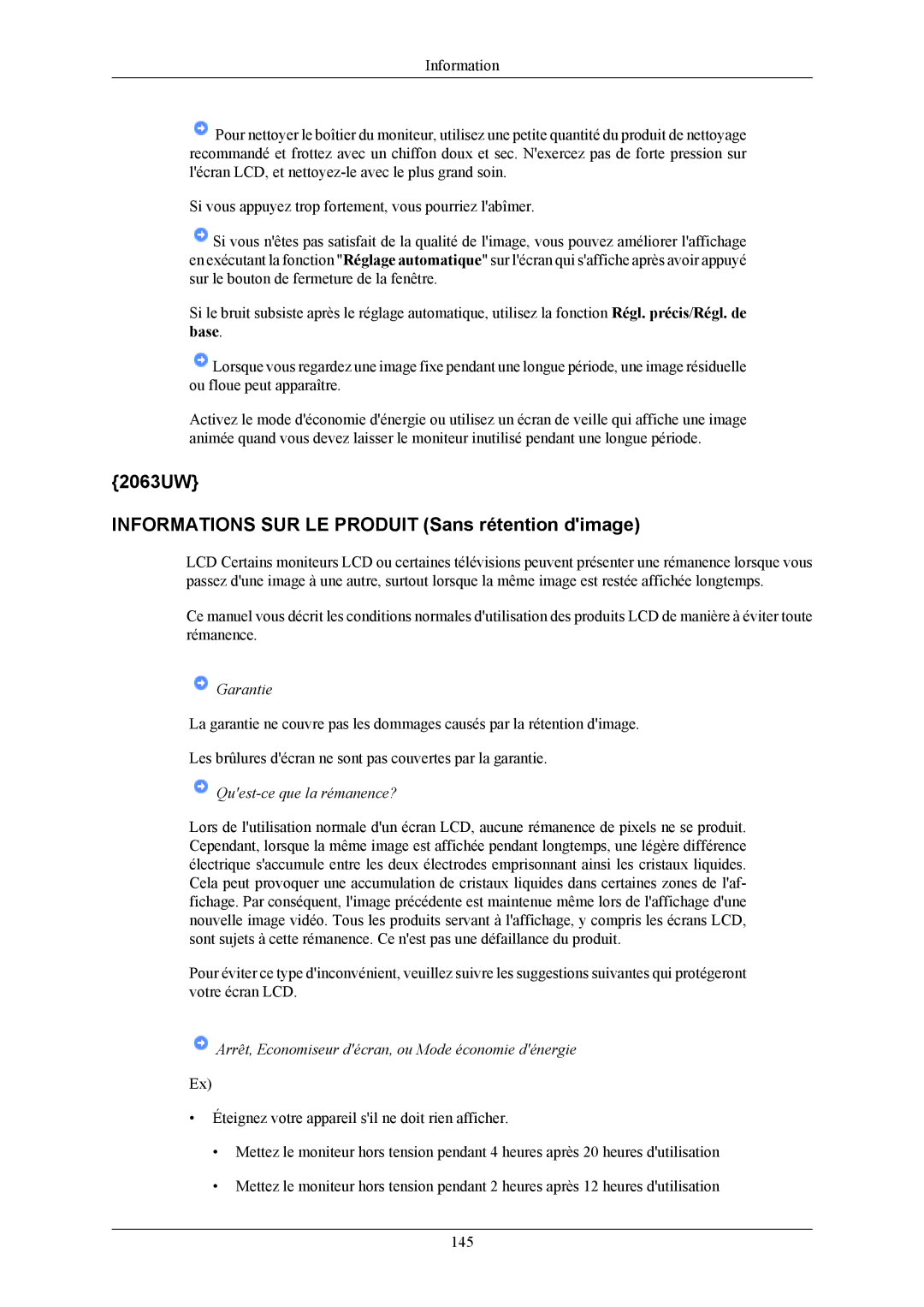 Samsung LS19LIUKFV/EN, LS20LIUJFV/EN manual 2063UW Informations SUR LE Produit Sans rétention dimage 