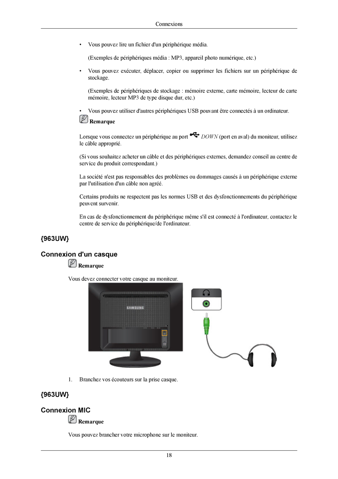 Samsung LS20LIUJFV/EN, LS19LIUKFV/EN manual 963UW Connexion dun casque, 963UW Connexion MIC 