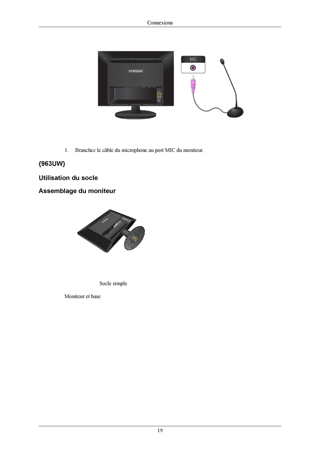 Samsung LS19LIUKFV/EN, LS20LIUJFV/EN manual 963UW Utilisation du socle Assemblage du moniteur 