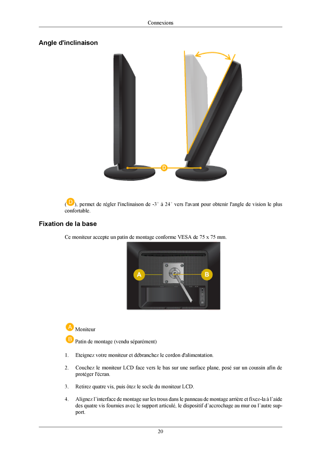 Samsung LS20LIUJFV/EN, LS19LIUKFV/EN manual Angle dinclinaison, Fixation de la base 