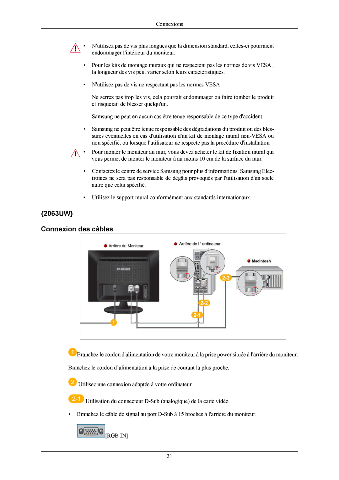 Samsung LS19LIUKFV/EN, LS20LIUJFV/EN manual 2063UW Connexion des câbles 