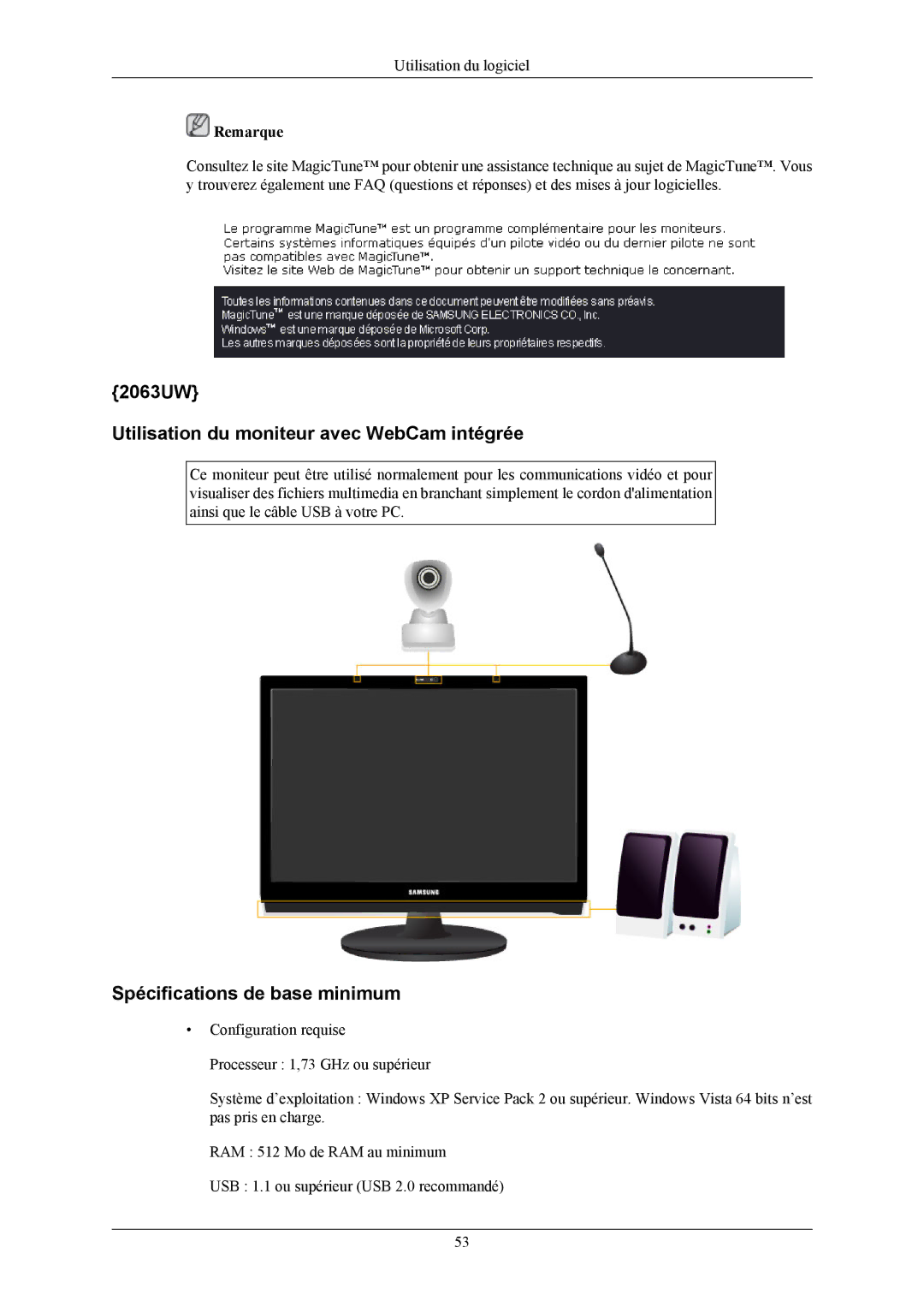 Samsung LS19LIUKFV/EN, LS20LIUJFV/EN 2063UW Utilisation du moniteur avec WebCam intégrée, Spécifications de base minimum 