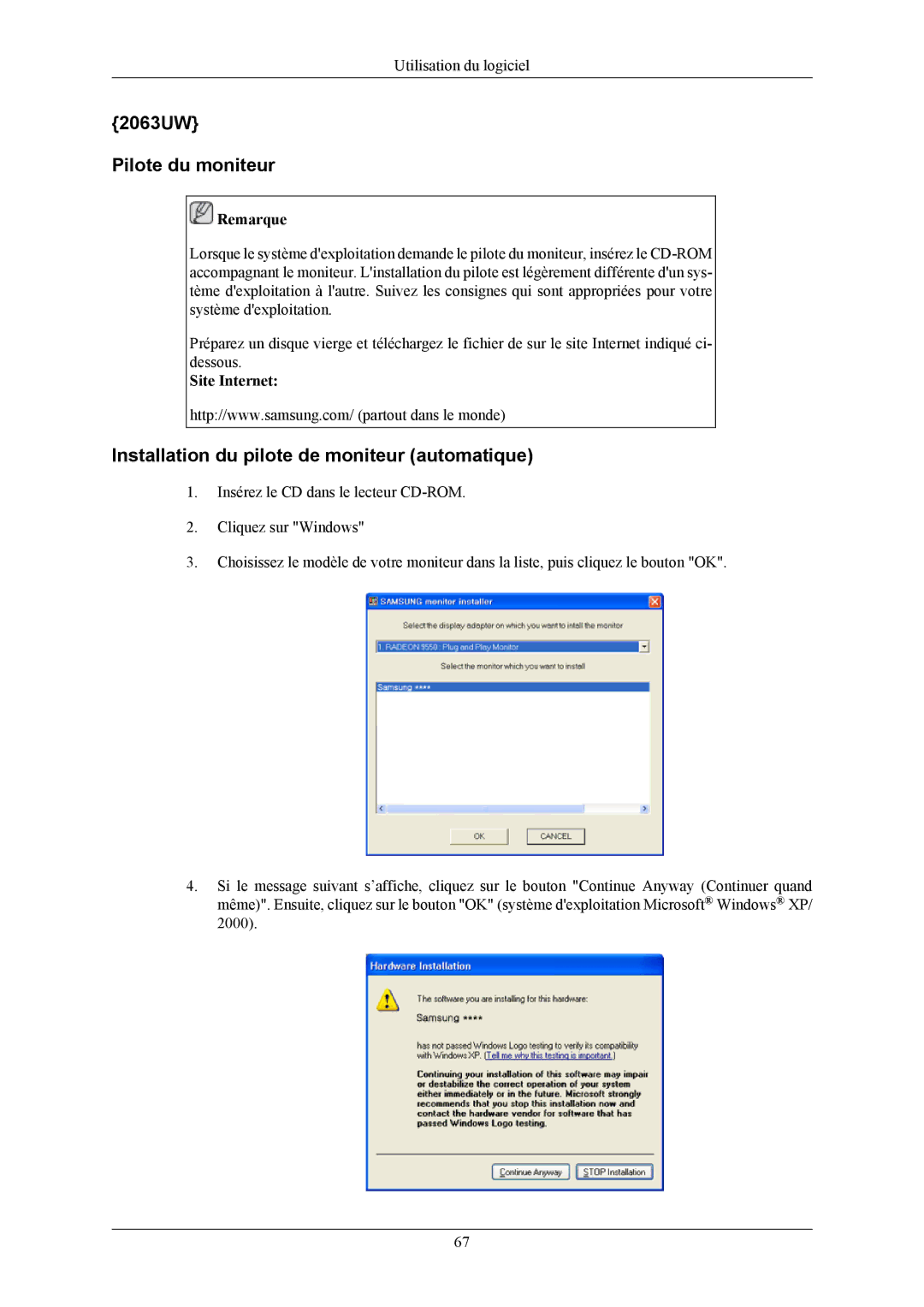 Samsung LS19LIUKFV/EN, LS20LIUJFV/EN manual 2063UW Pilote du moniteur, Installation du pilote de moniteur automatique 