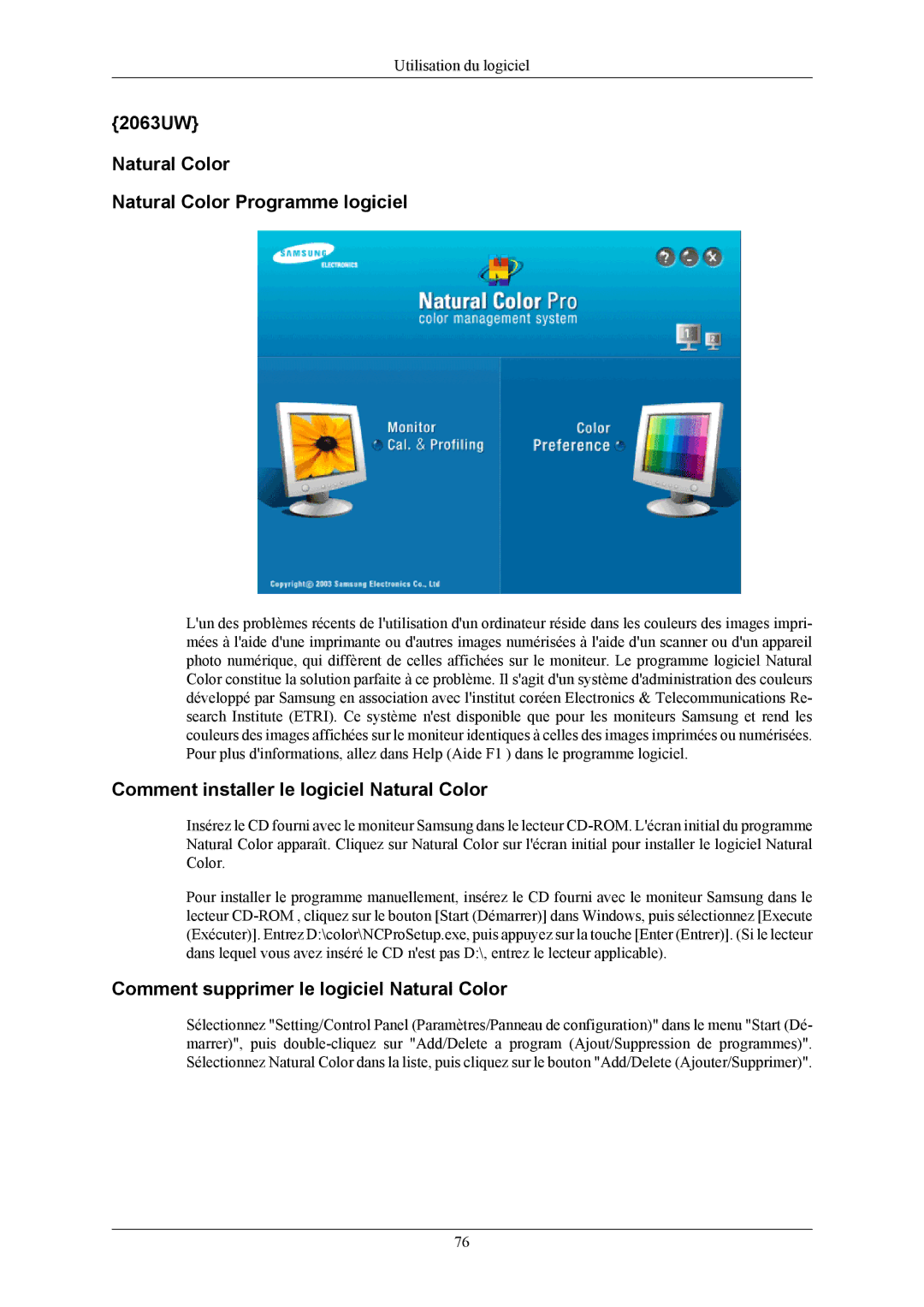 Samsung LS20LIUJFV/EN 2063UW Natural Color Natural Color Programme logiciel, Comment installer le logiciel Natural Color 