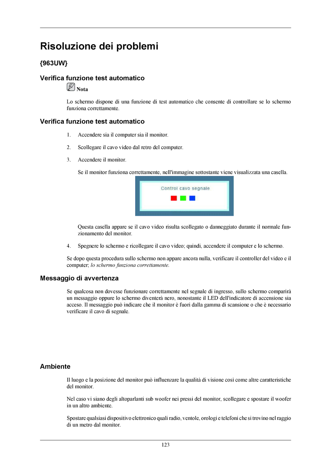 Samsung LS19LIUKFV/EN, LS20LIUJFV/EN manual 963UW Verifica funzione test automatico, Messaggio di avvertenza, Ambiente 