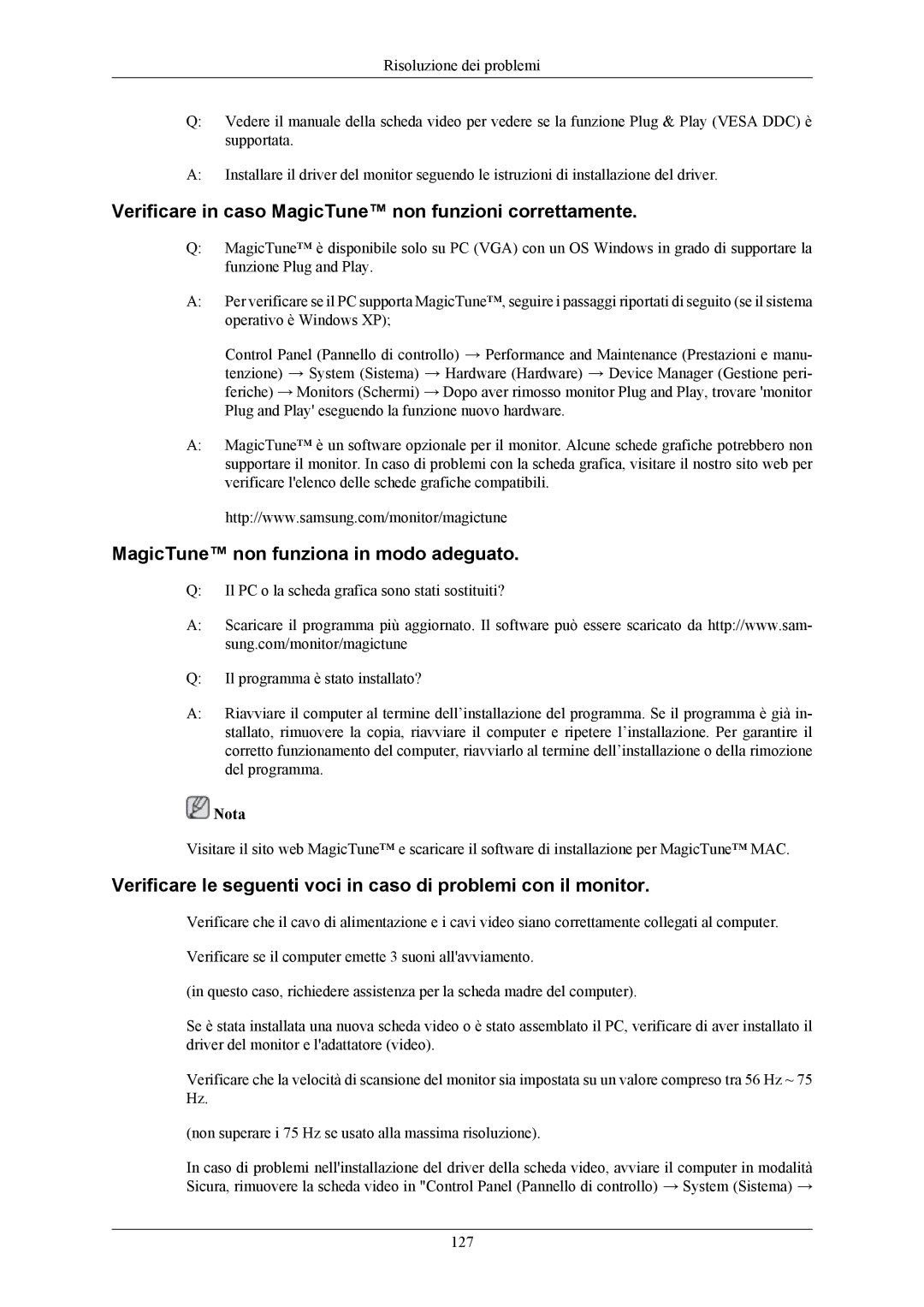 Samsung LS19LIUKFV/EN Verificare in caso MagicTune non funzioni correttamente, MagicTune non funziona in modo adeguato 