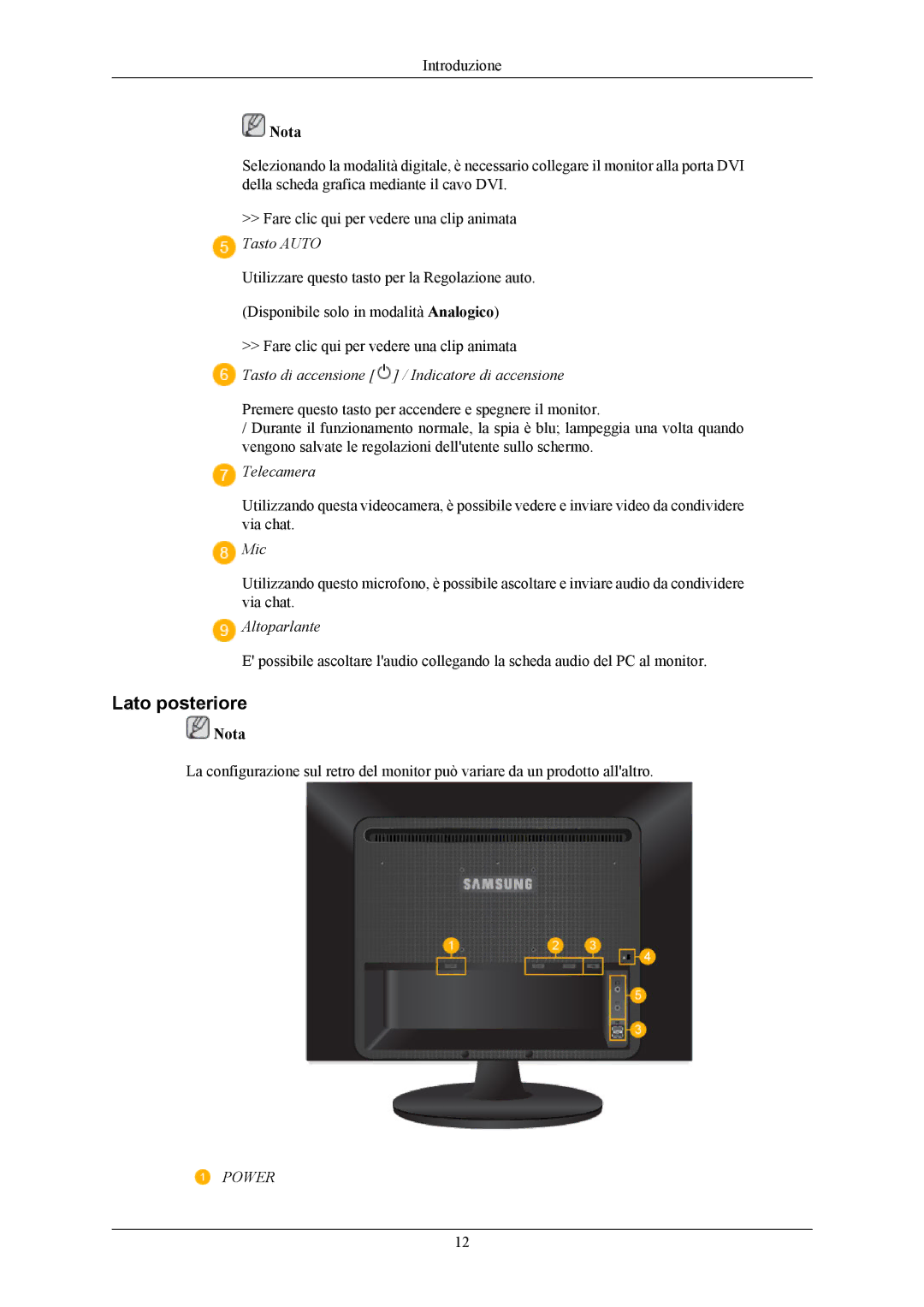 Samsung LS20LIUJFV/EN, LS19LIUKFV/EN manual Lato posteriore, Tasto di accensione / Indicatore di accensione 