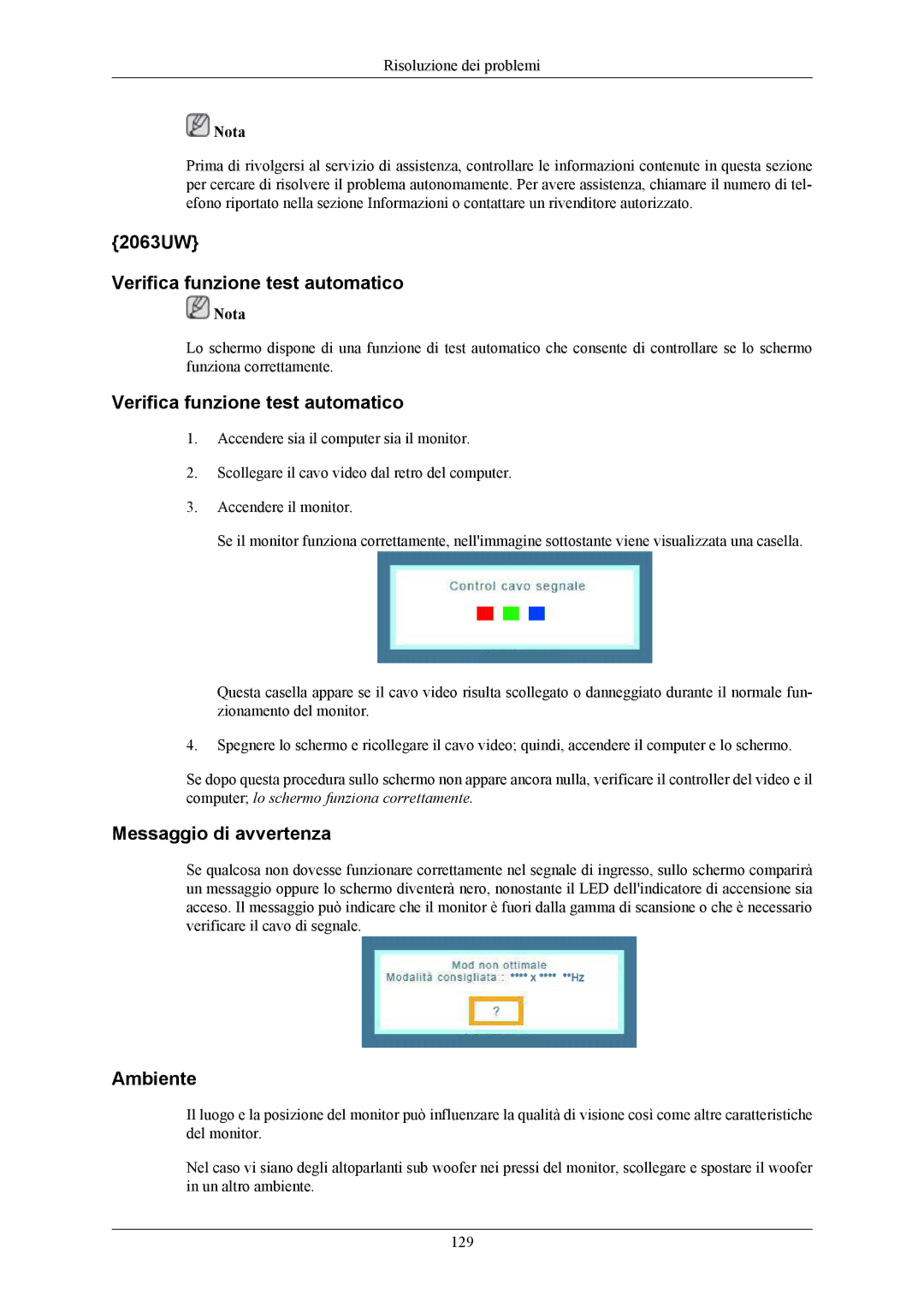 Samsung LS19LIUKFV/EN, LS20LIUJFV/EN manual 2063UW Verifica funzione test automatico 