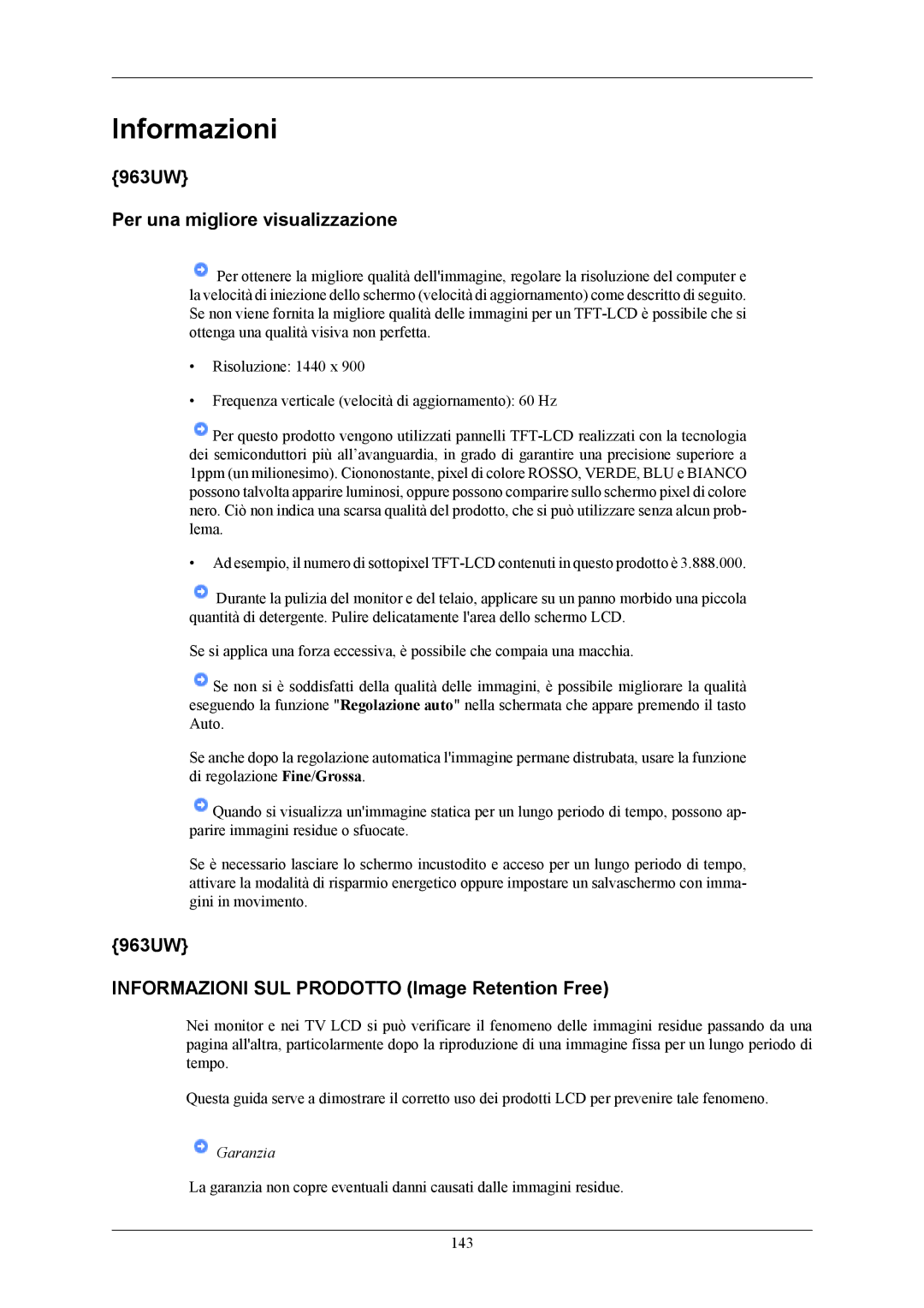 Samsung LS19LIUKFV/EN manual 963UW Per una migliore visualizzazione, 963UW Informazioni SUL Prodotto Image Retention Free 