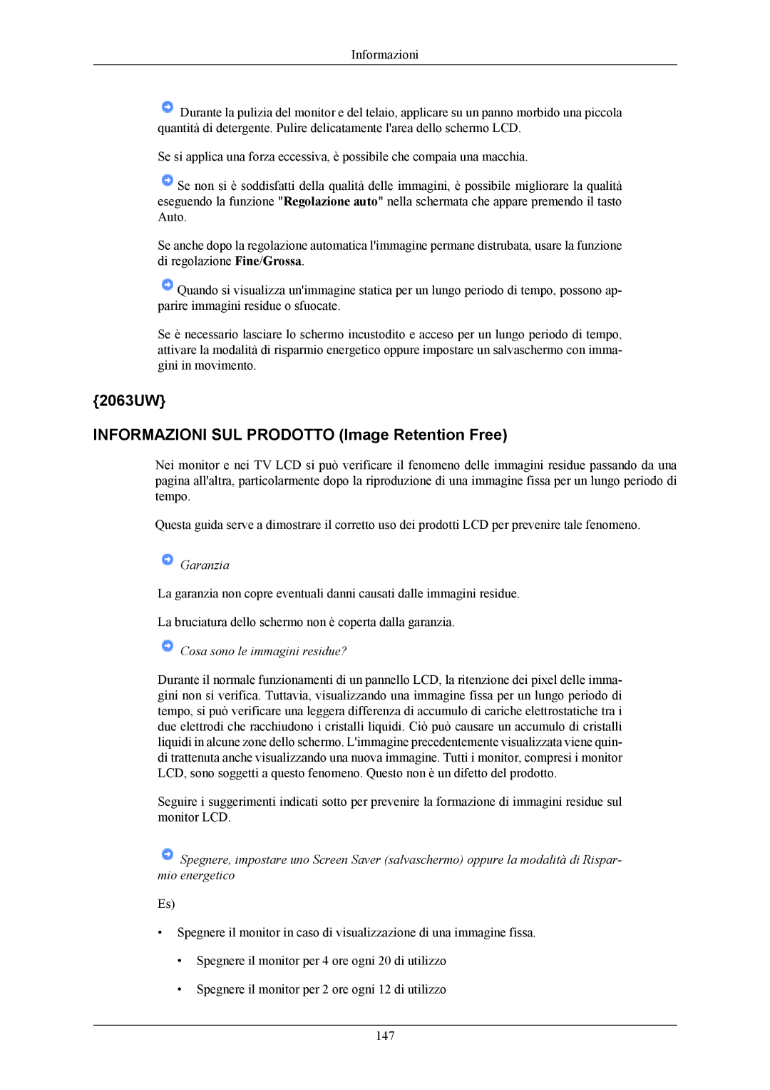 Samsung LS19LIUKFV/EN, LS20LIUJFV/EN manual 2063UW Informazioni SUL Prodotto Image Retention Free 