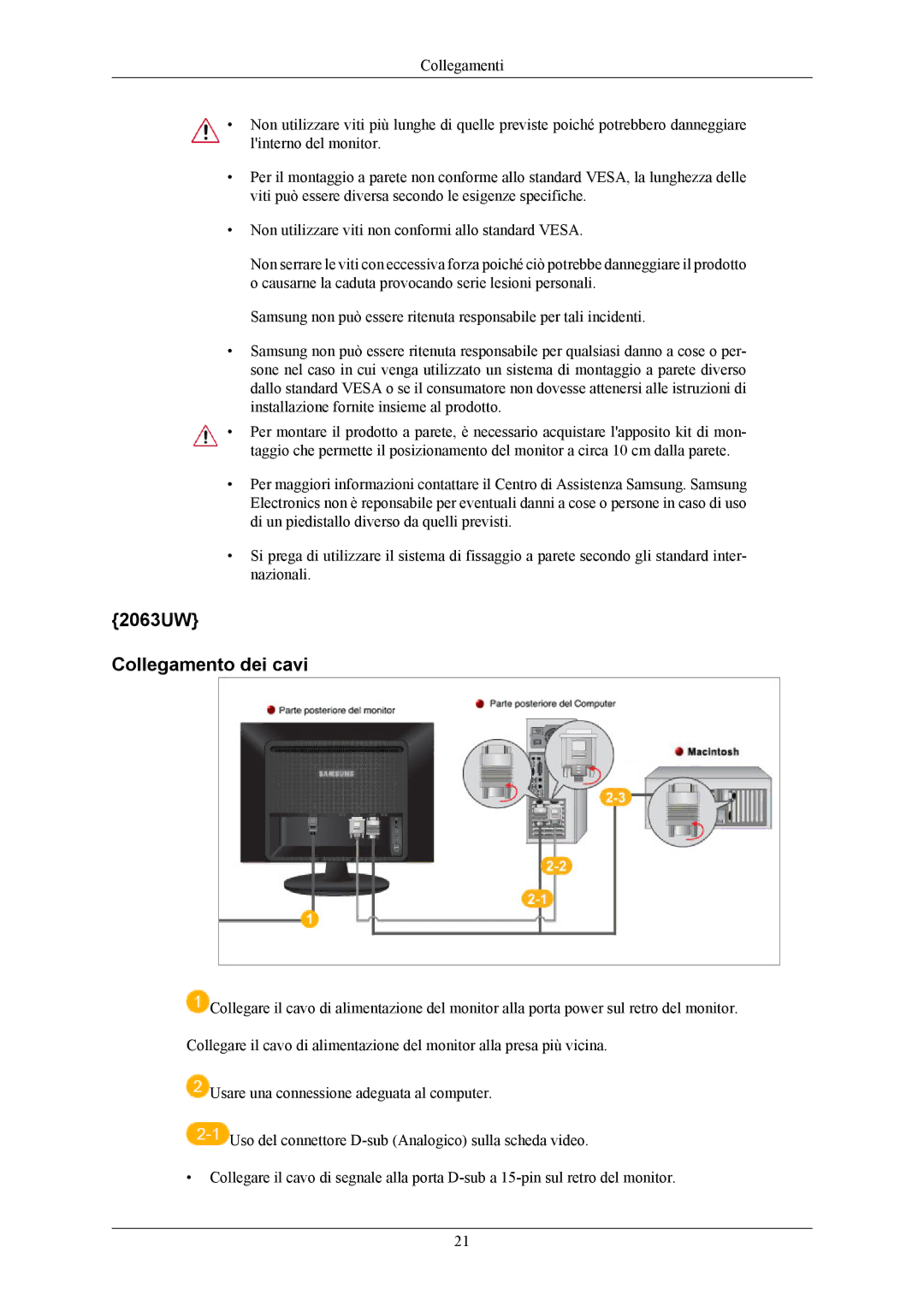 Samsung LS19LIUKFV/EN, LS20LIUJFV/EN manual 2063UW Collegamento dei cavi 