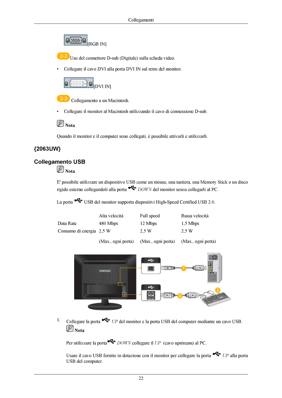 Samsung LS20LIUJFV/EN, LS19LIUKFV/EN manual 2063UW Collegamento USB 