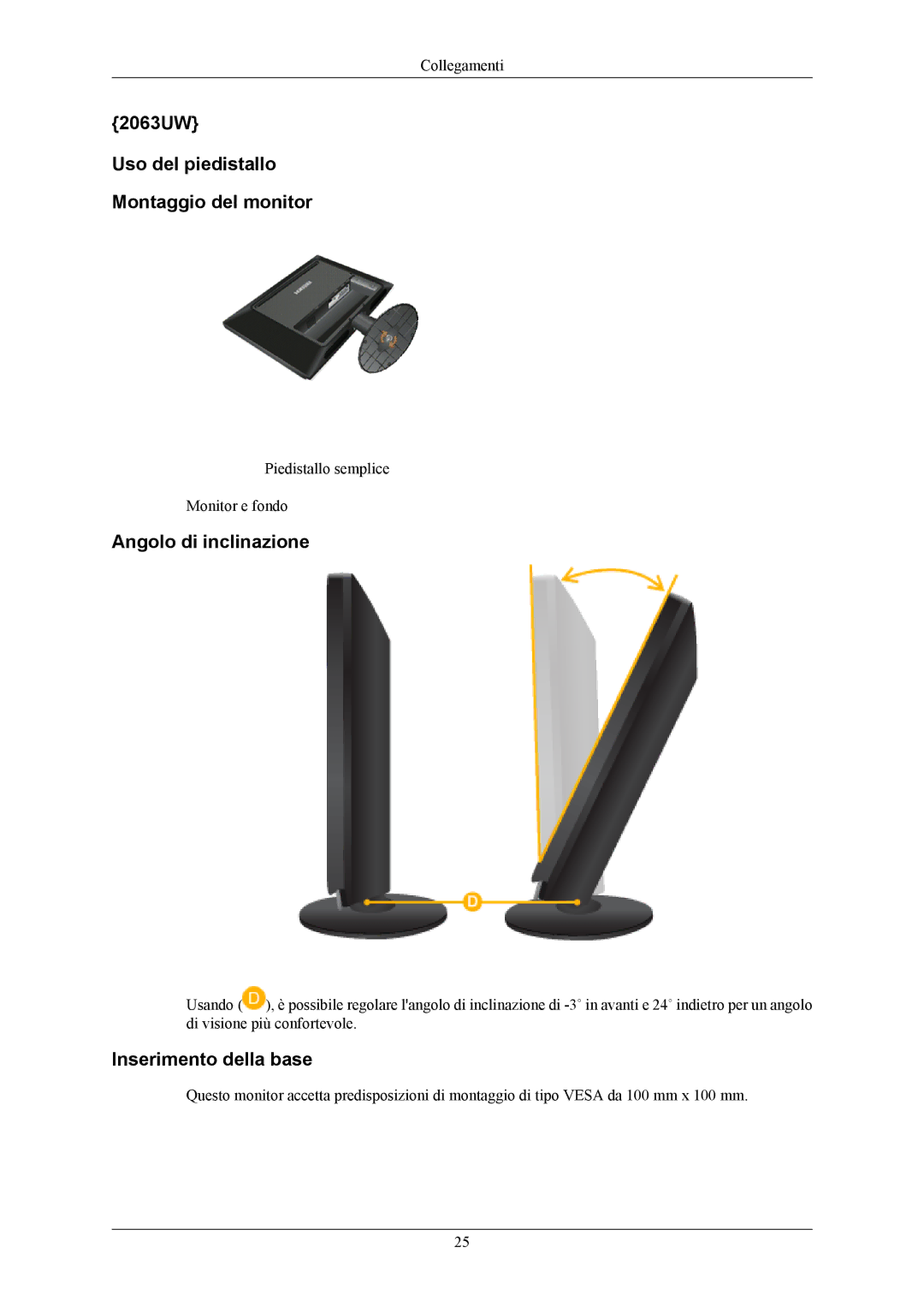 Samsung LS19LIUKFV/EN, LS20LIUJFV/EN manual 2063UW Uso del piedistallo Montaggio del monitor, Angolo di inclinazione 