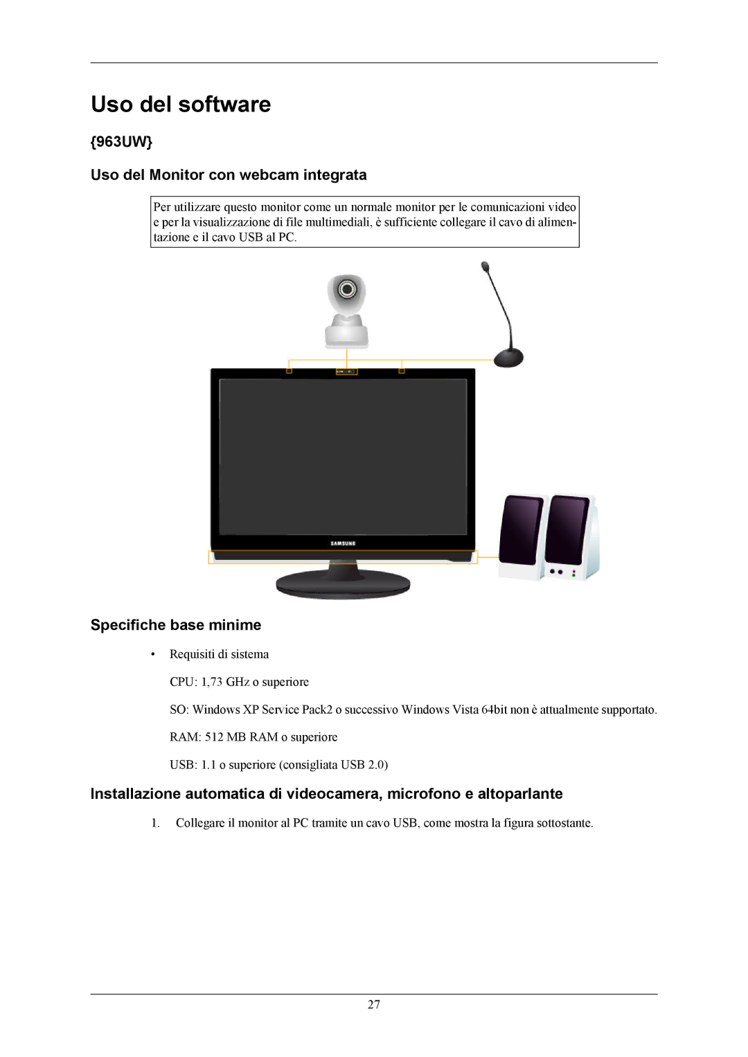 Samsung LS19LIUKFV/EN, LS20LIUJFV/EN manual 963UW Uso del Monitor con webcam integrata, Specifiche base minime 