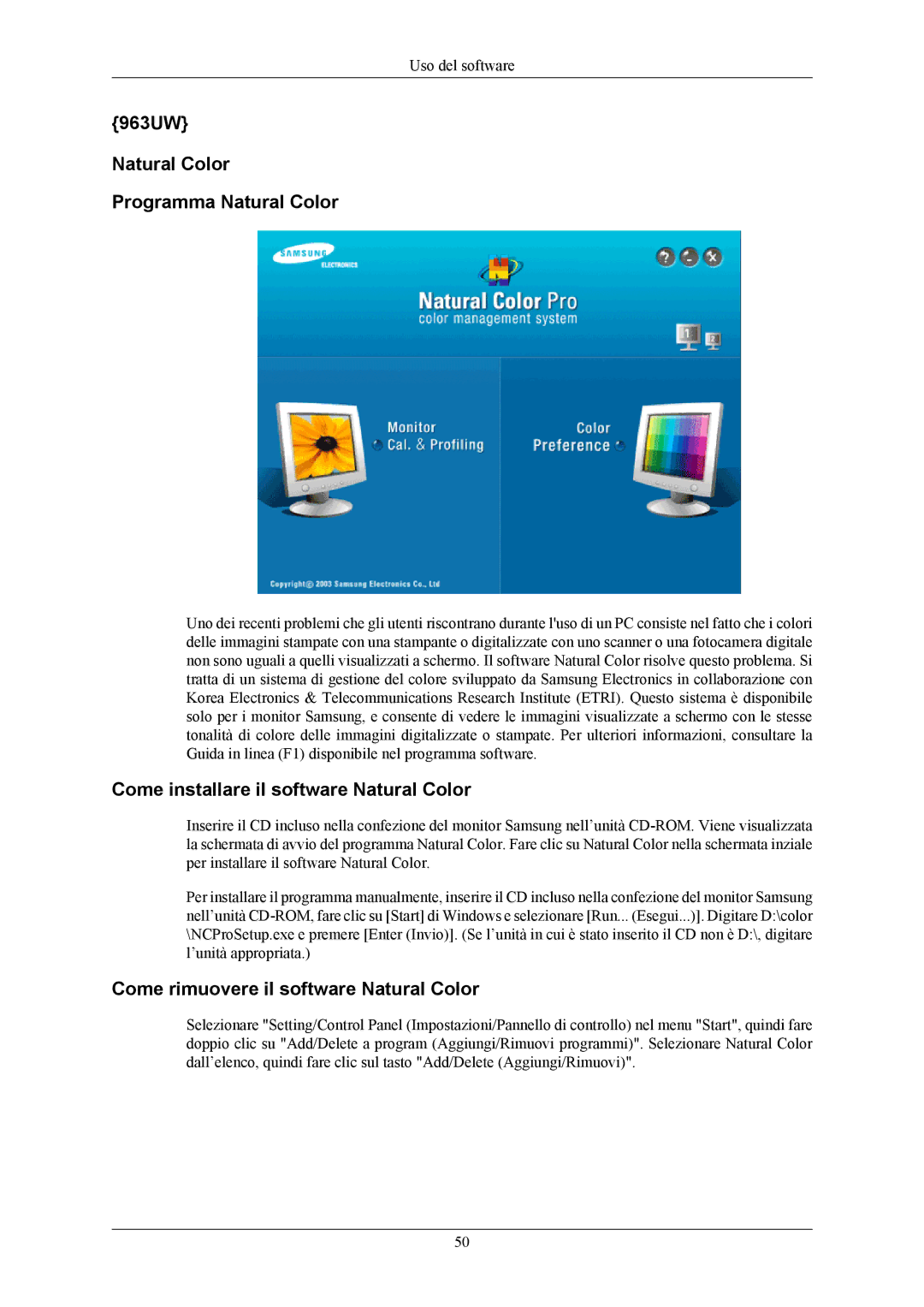 Samsung LS20LIUJFV/EN manual 963UW Natural Color Programma Natural Color, Come installare il software Natural Color 