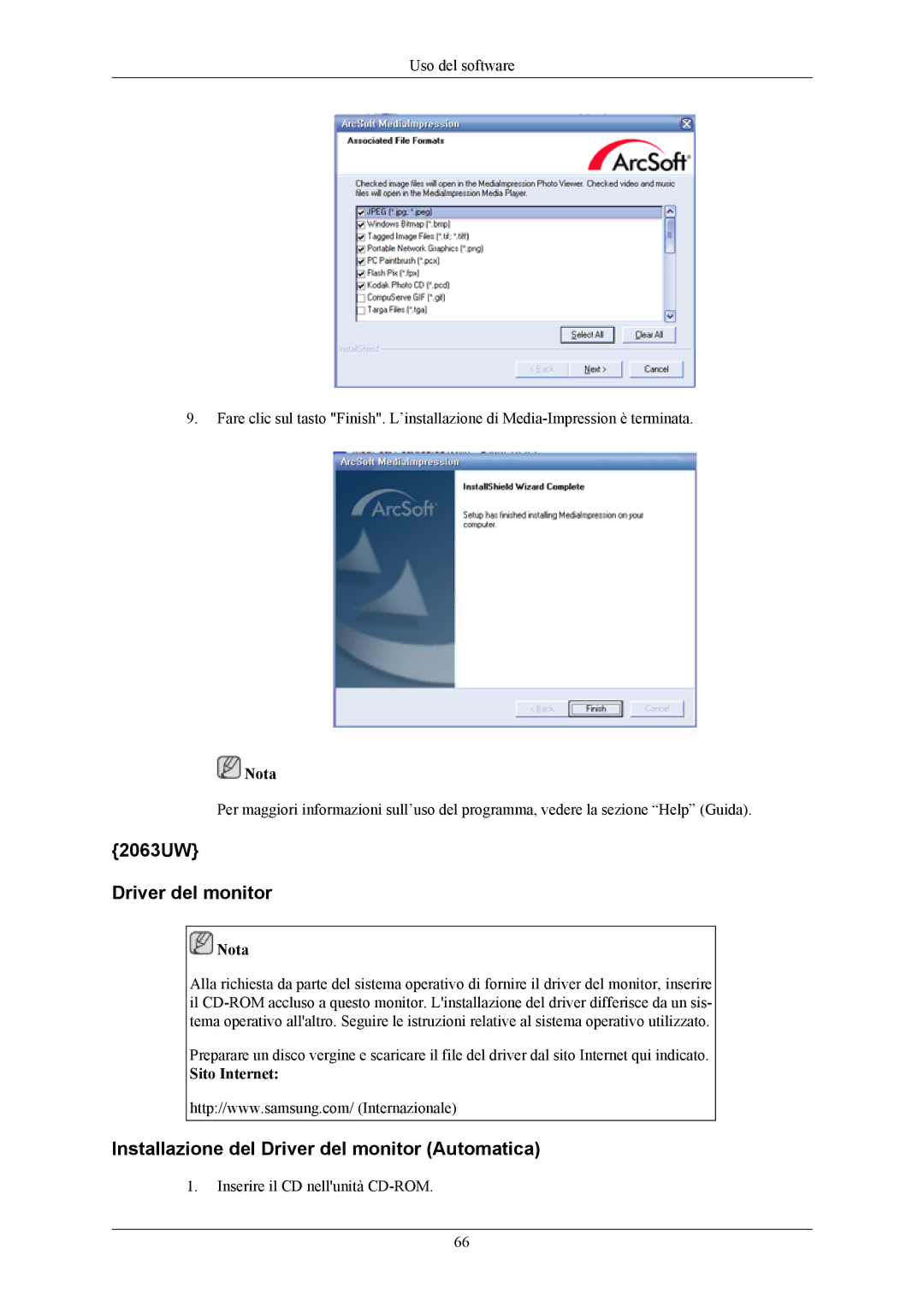 Samsung LS20LIUJFV/EN, LS19LIUKFV/EN manual 2063UW Driver del monitor, Installazione del Driver del monitor Automatica 