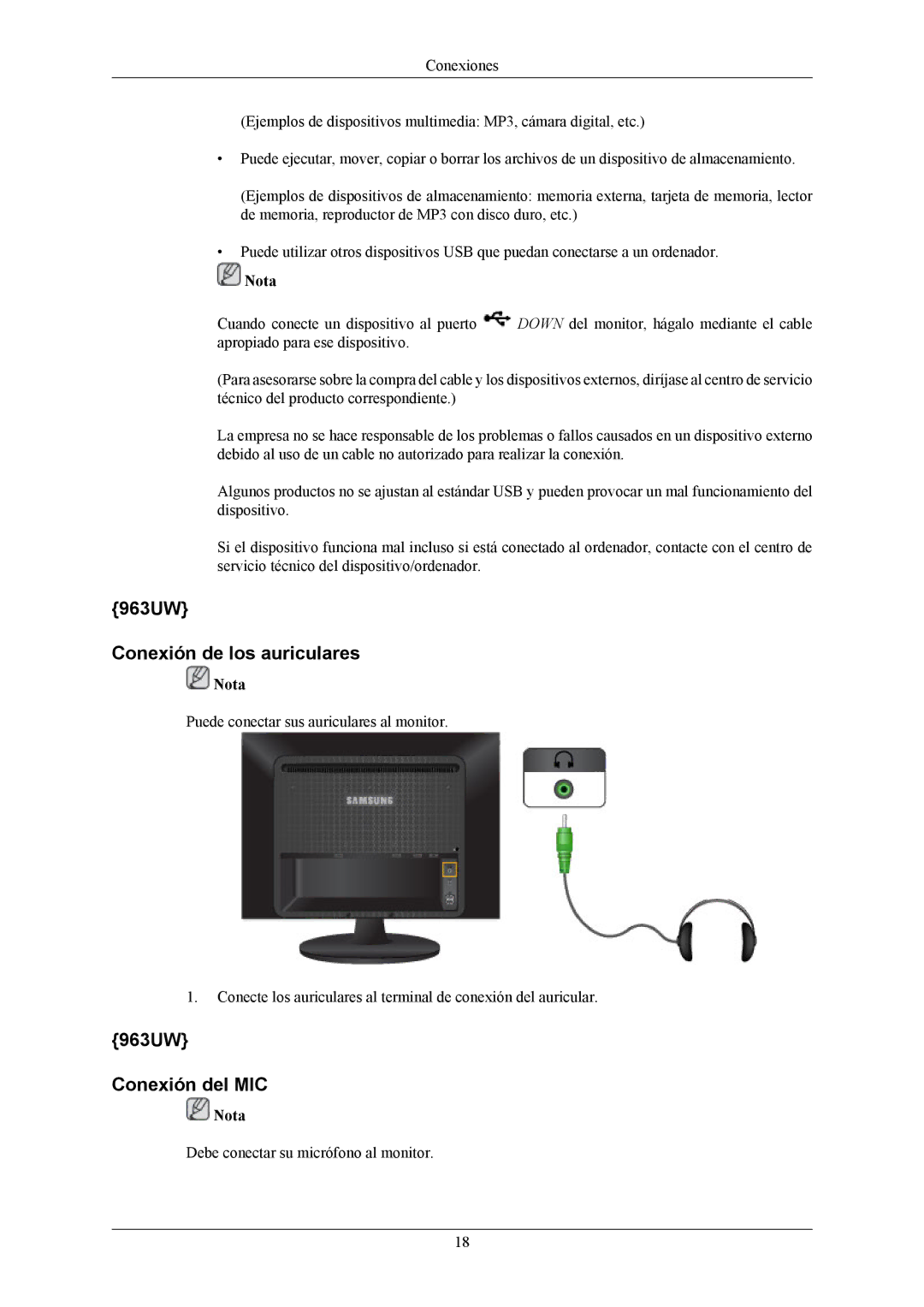 Samsung LS20LIUJFV/EN, LS19LIUKFV/EN manual 963UW Conexión de los auriculares, 963UW Conexión del MIC 