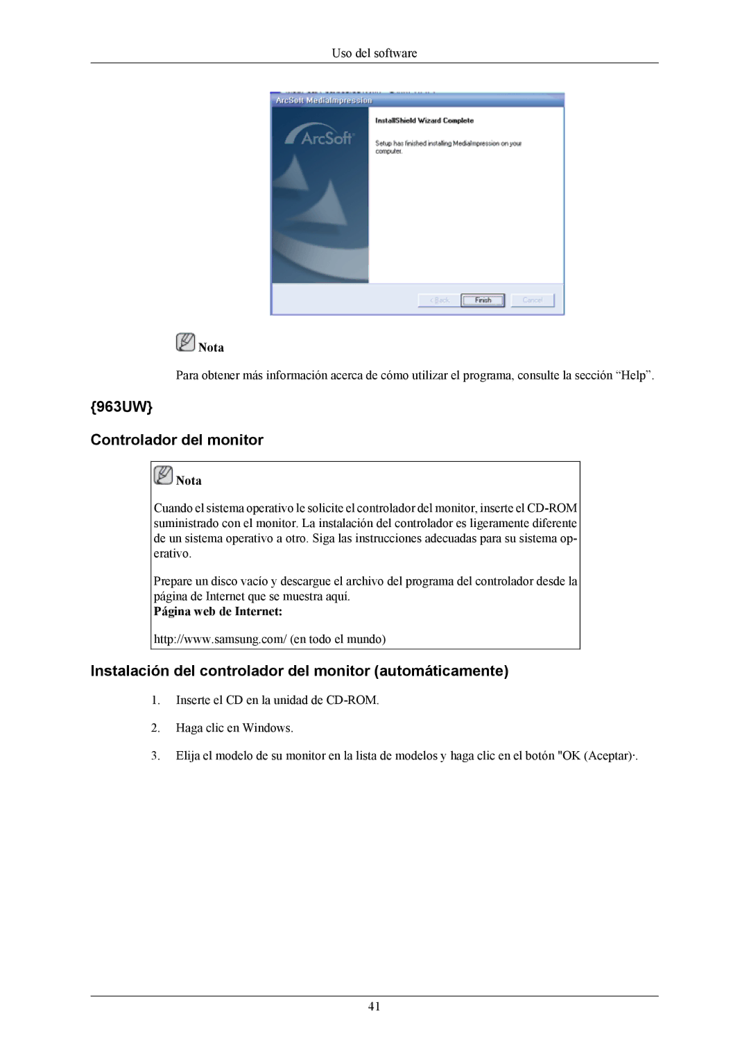 Samsung LS19LIUKFV/EN manual 963UW Controlador del monitor, Instalación del controlador del monitor automáticamente 