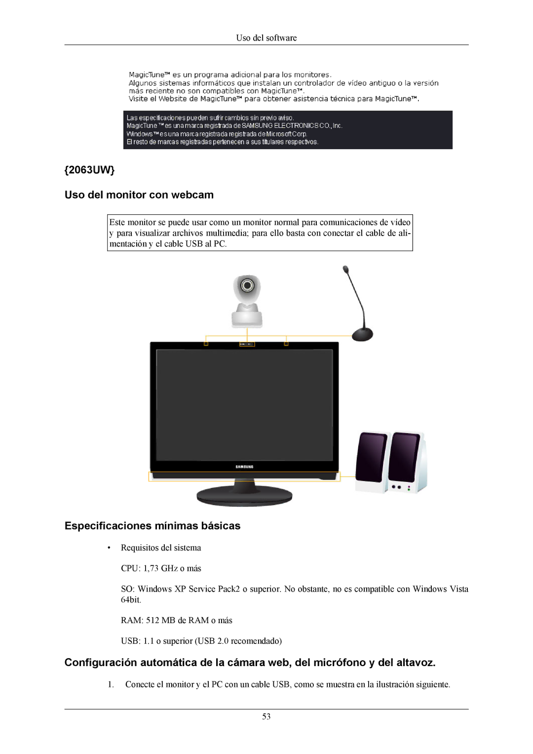 Samsung LS19LIUKFV/EN, LS20LIUJFV/EN manual 2063UW Uso del monitor con webcam, Especificaciones mínimas básicas 