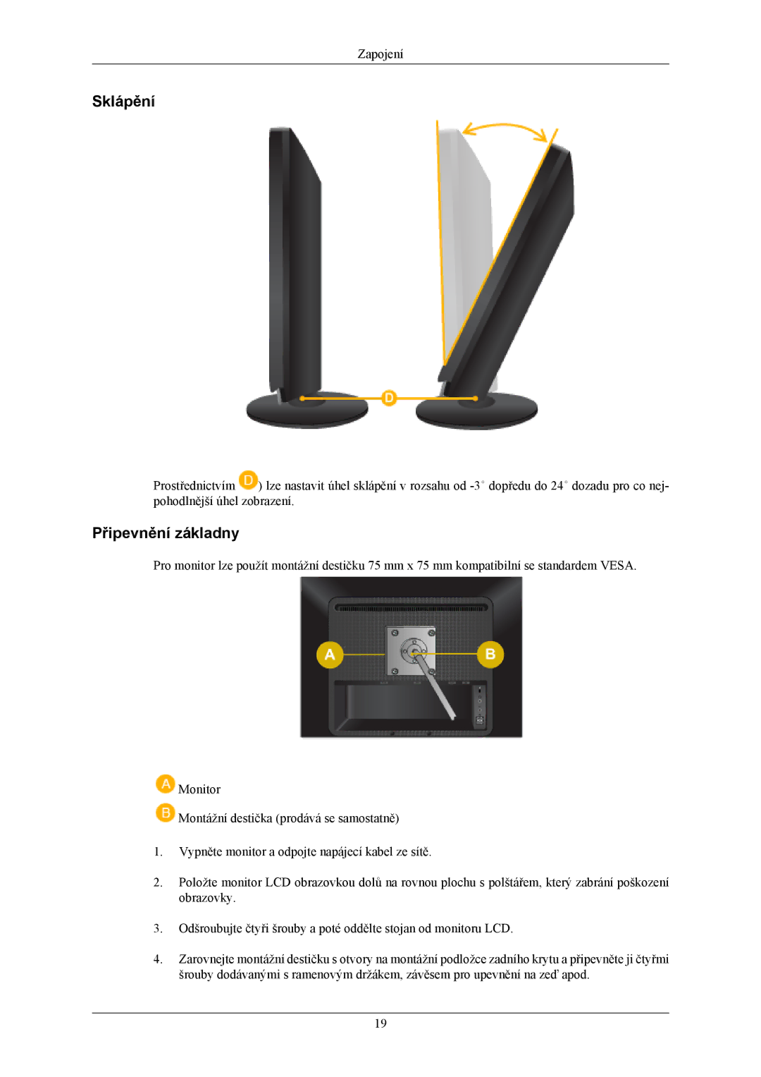 Samsung LS19LIUKFV/EN, LS20LIUJFV/EN manual Sklápění, Připevnění základny 