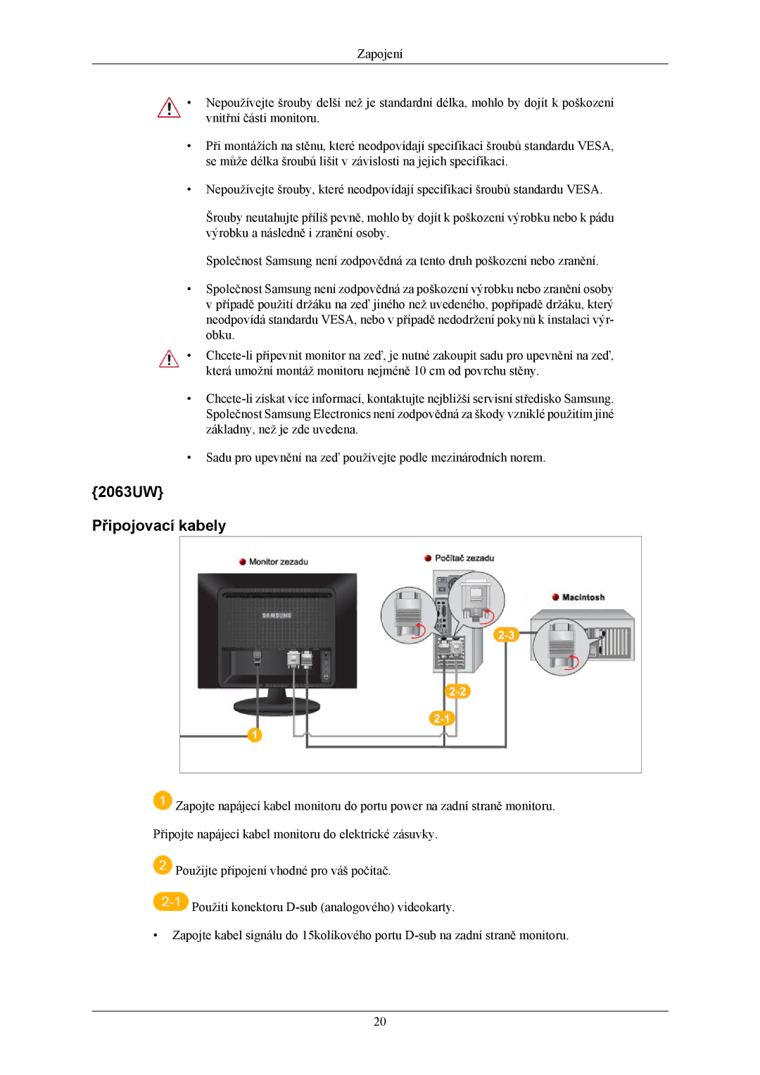 Samsung LS20LIUJFV/EN, LS19LIUKFV/EN manual 2063UW Připojovací kabely 