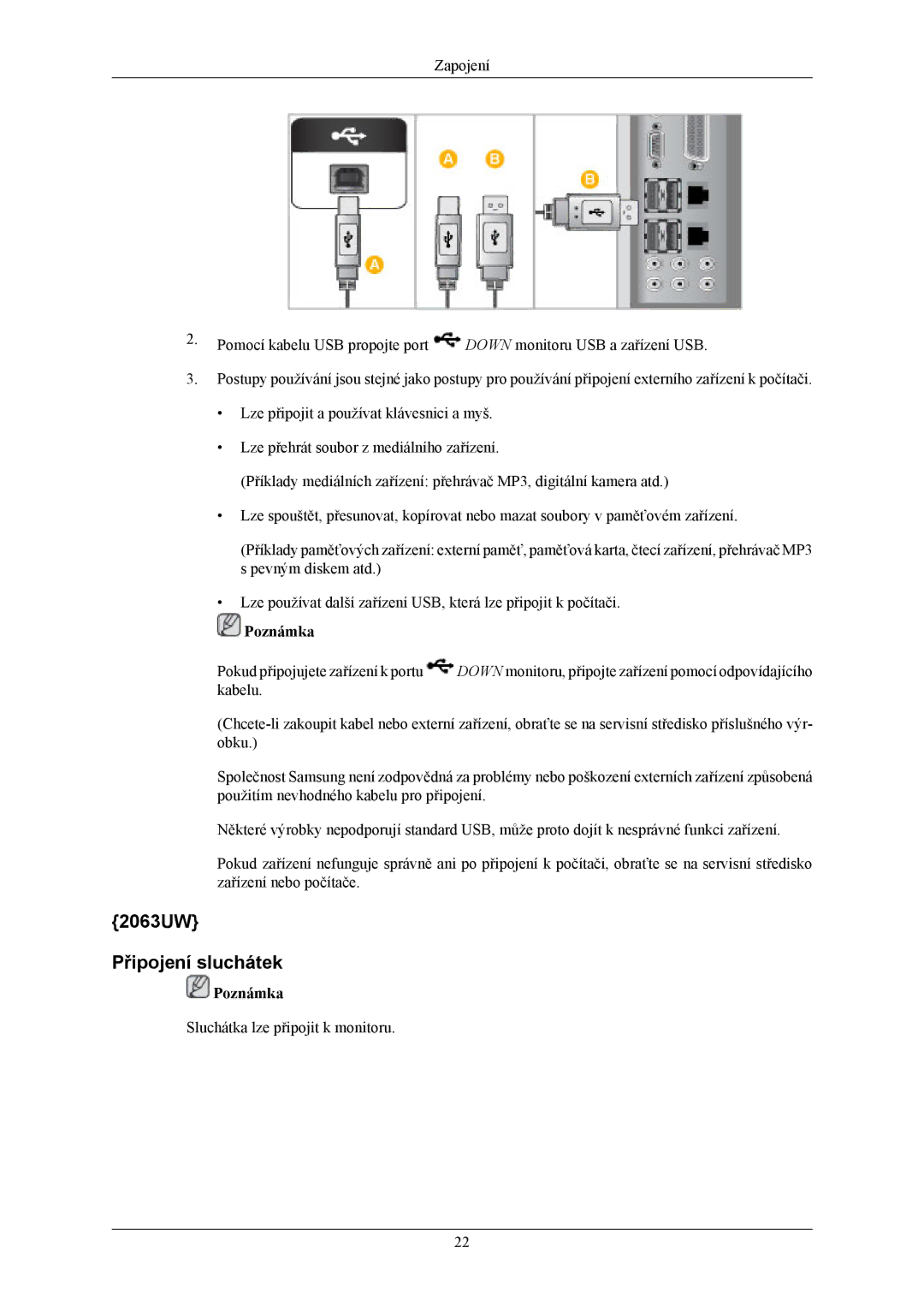 Samsung LS20LIUJFV/EN, LS19LIUKFV/EN manual 2063UW Připojení sluchátek 