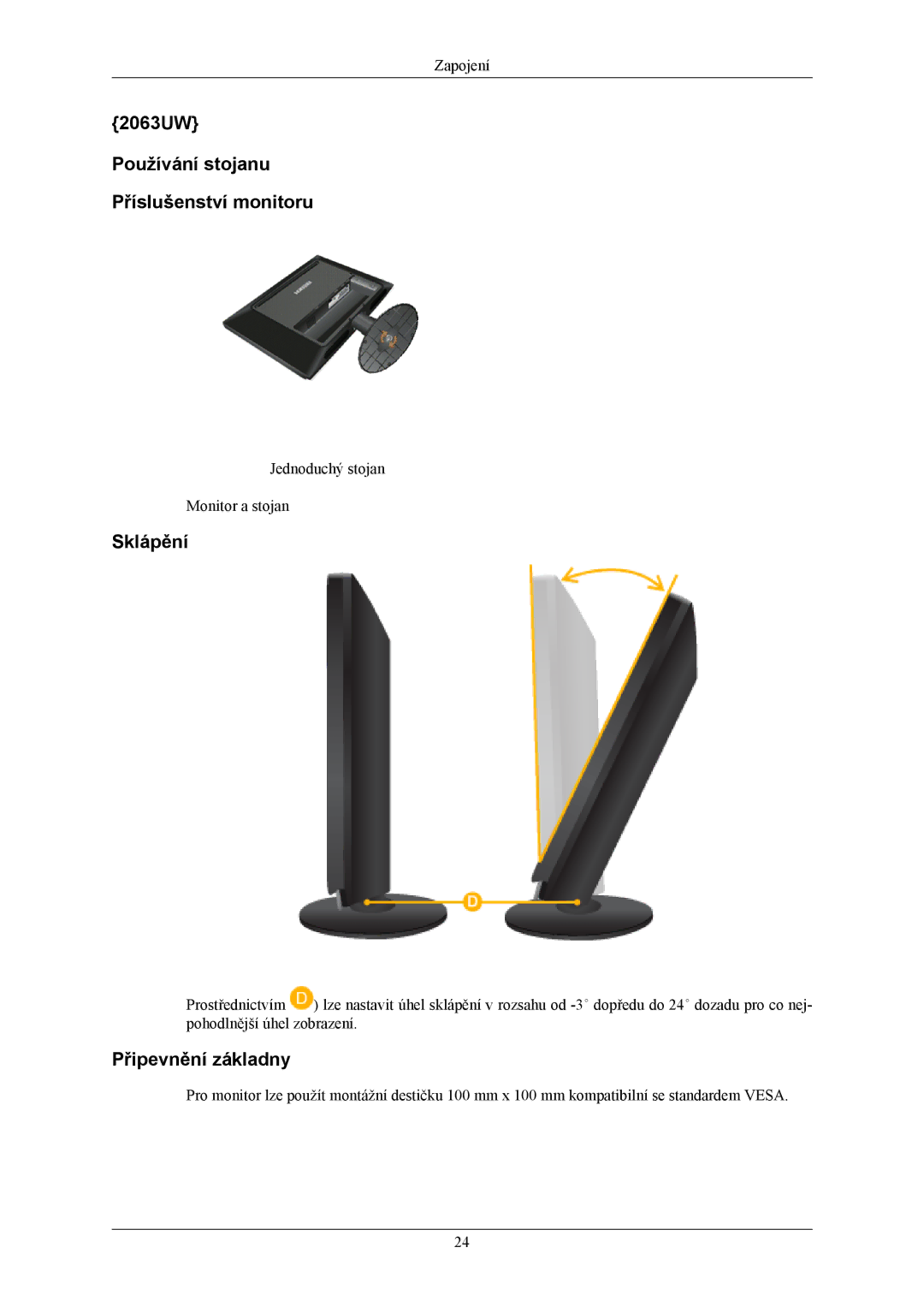 Samsung LS20LIUJFV/EN, LS19LIUKFV/EN manual 2063UW Používání stojanu Příslušenství monitoru, Sklápění 