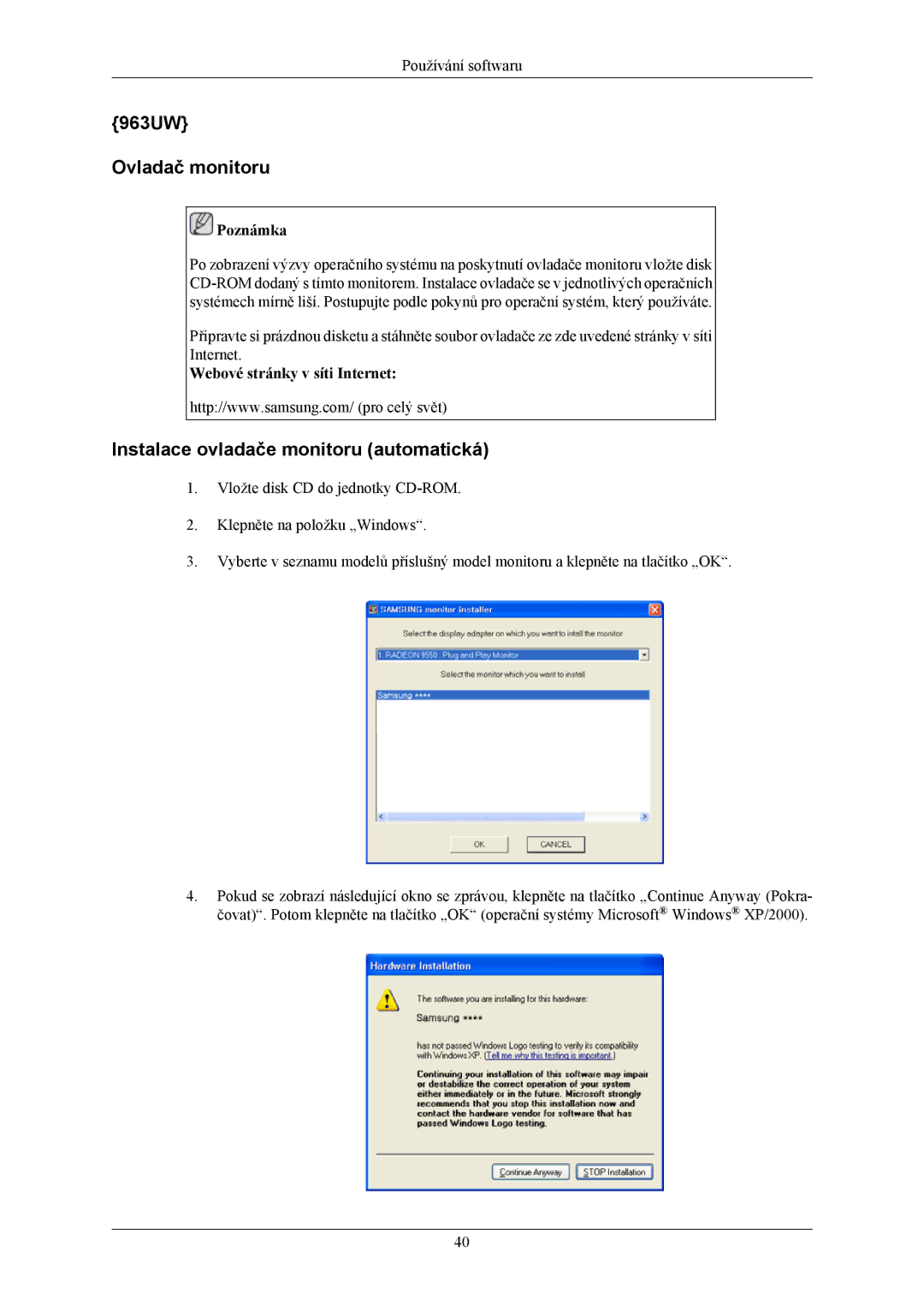 Samsung LS20LIUJFV/EN, LS19LIUKFV/EN manual 963UW Ovladač monitoru, Instalace ovladače monitoru automatická 