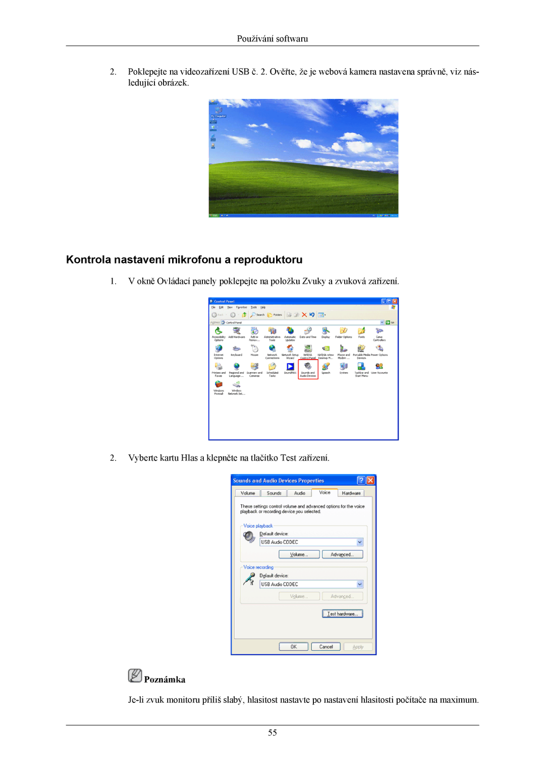 Samsung LS19LIUKFV/EN, LS20LIUJFV/EN manual Kontrola nastavení mikrofonu a reproduktoru 