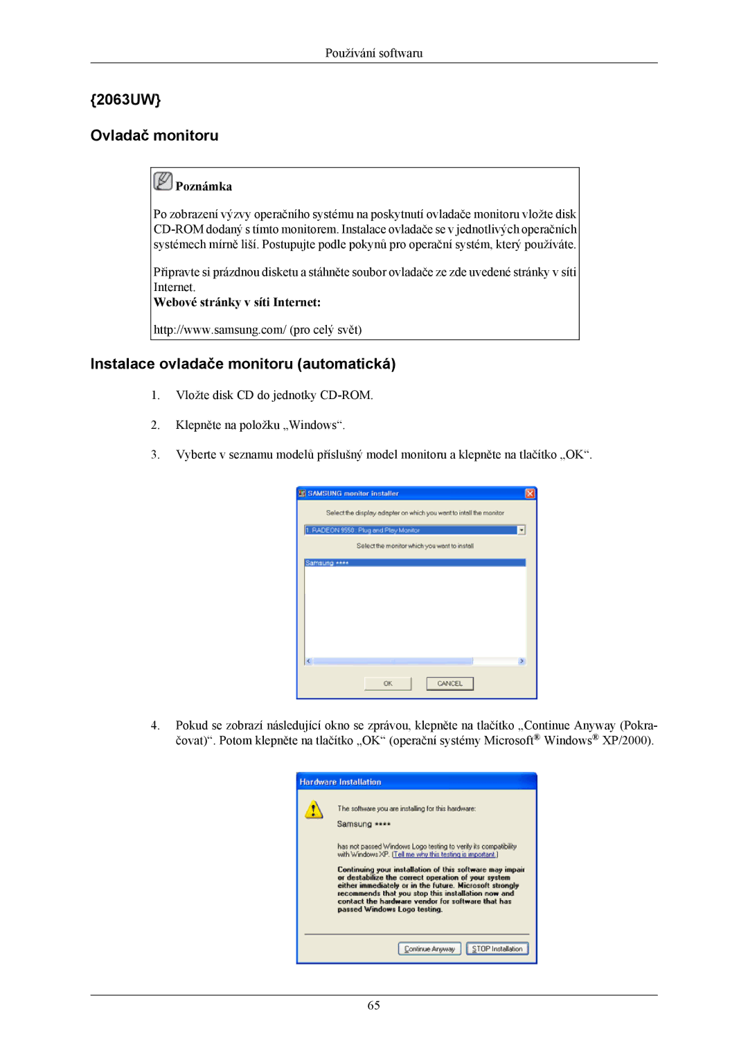 Samsung LS19LIUKFV/EN, LS20LIUJFV/EN manual 2063UW Ovladač monitoru, Instalace ovladače monitoru automatická 