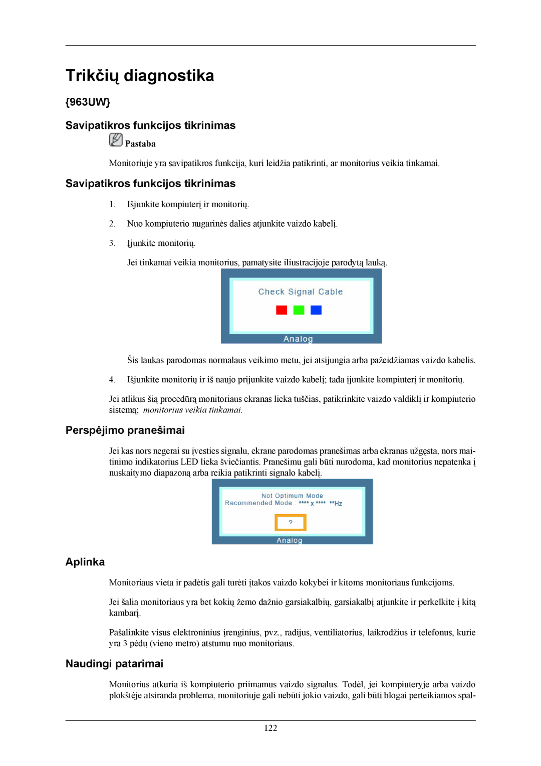 Samsung LS20LIUJFV/EN manual 963UW Savipatikros funkcijos tikrinimas, Perspėjimo pranešimai, Aplinka, Naudingi patarimai 